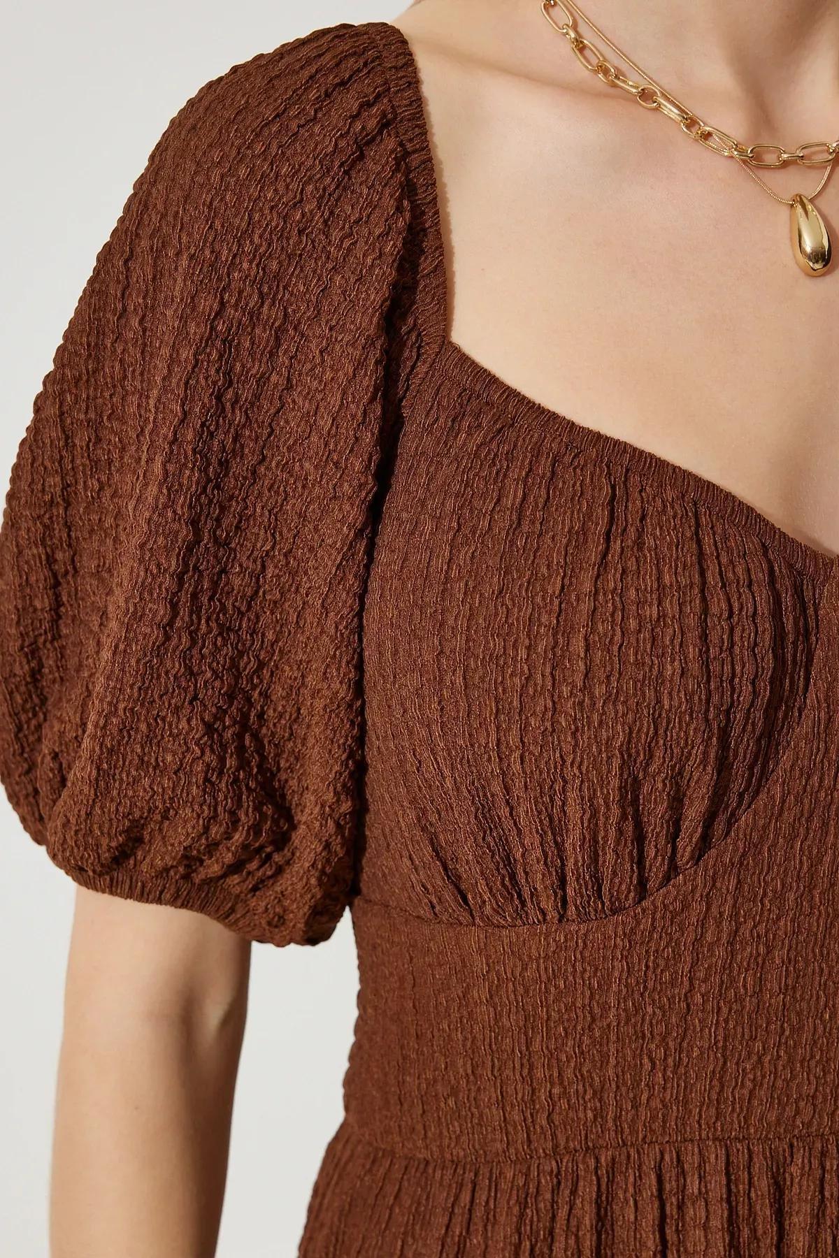 Brown Textured Milkmaid Maxi Dress, Brown, large image number 5