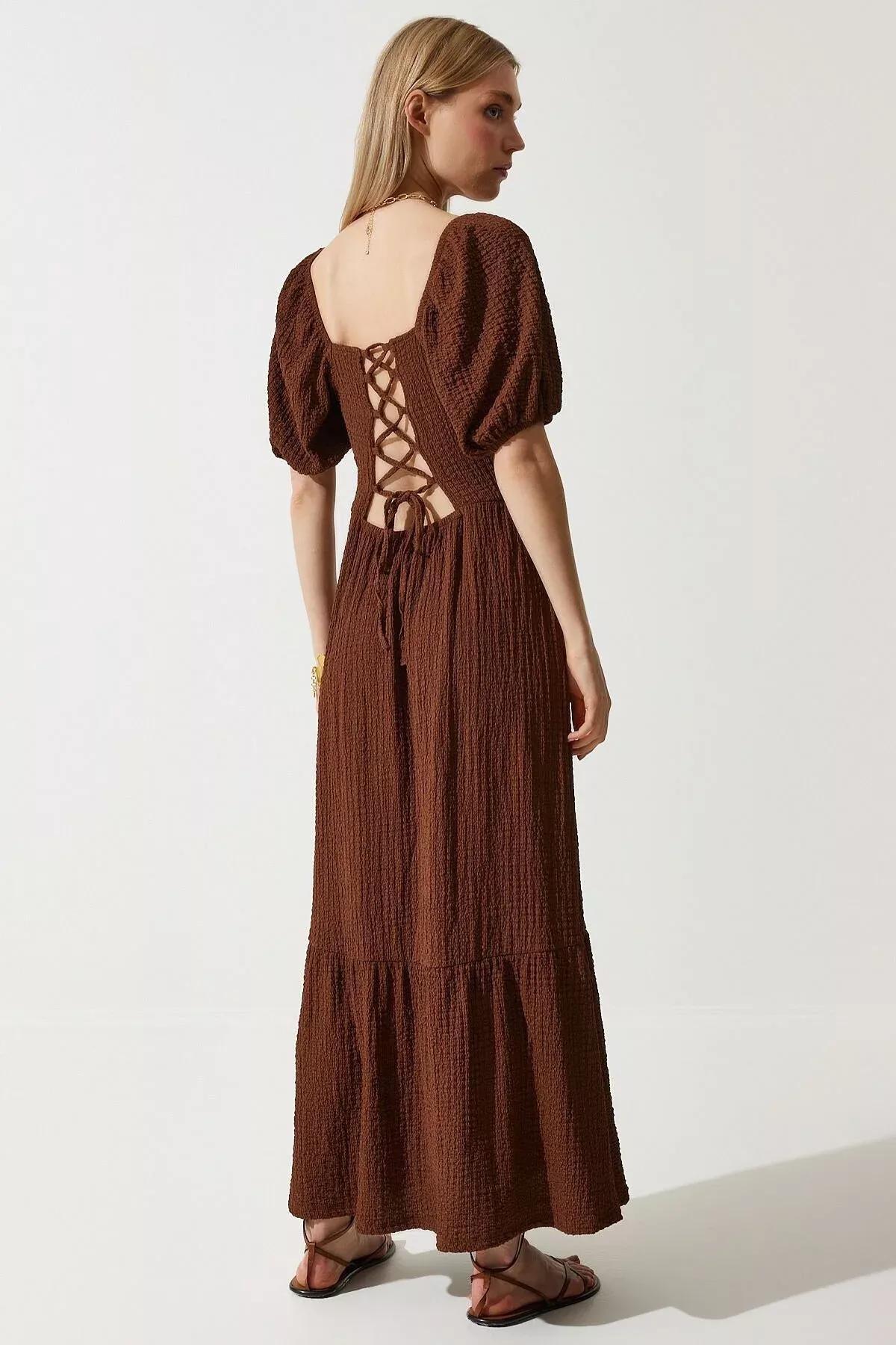 Brown Textured Milkmaid Maxi Dress, Brown, large image number 6
