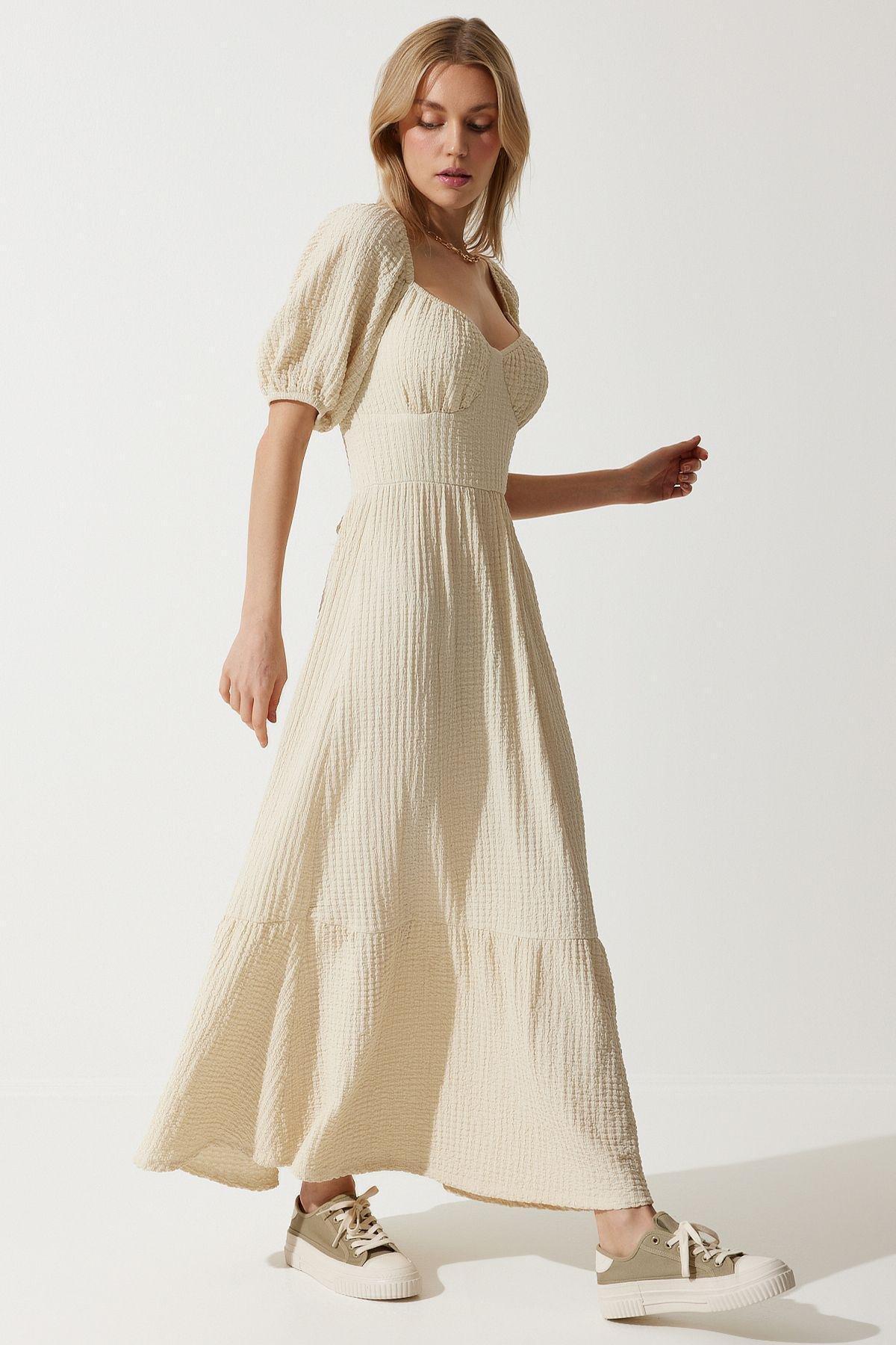 White Textured Milkmaid Maxi Dress, VANILLA, medium