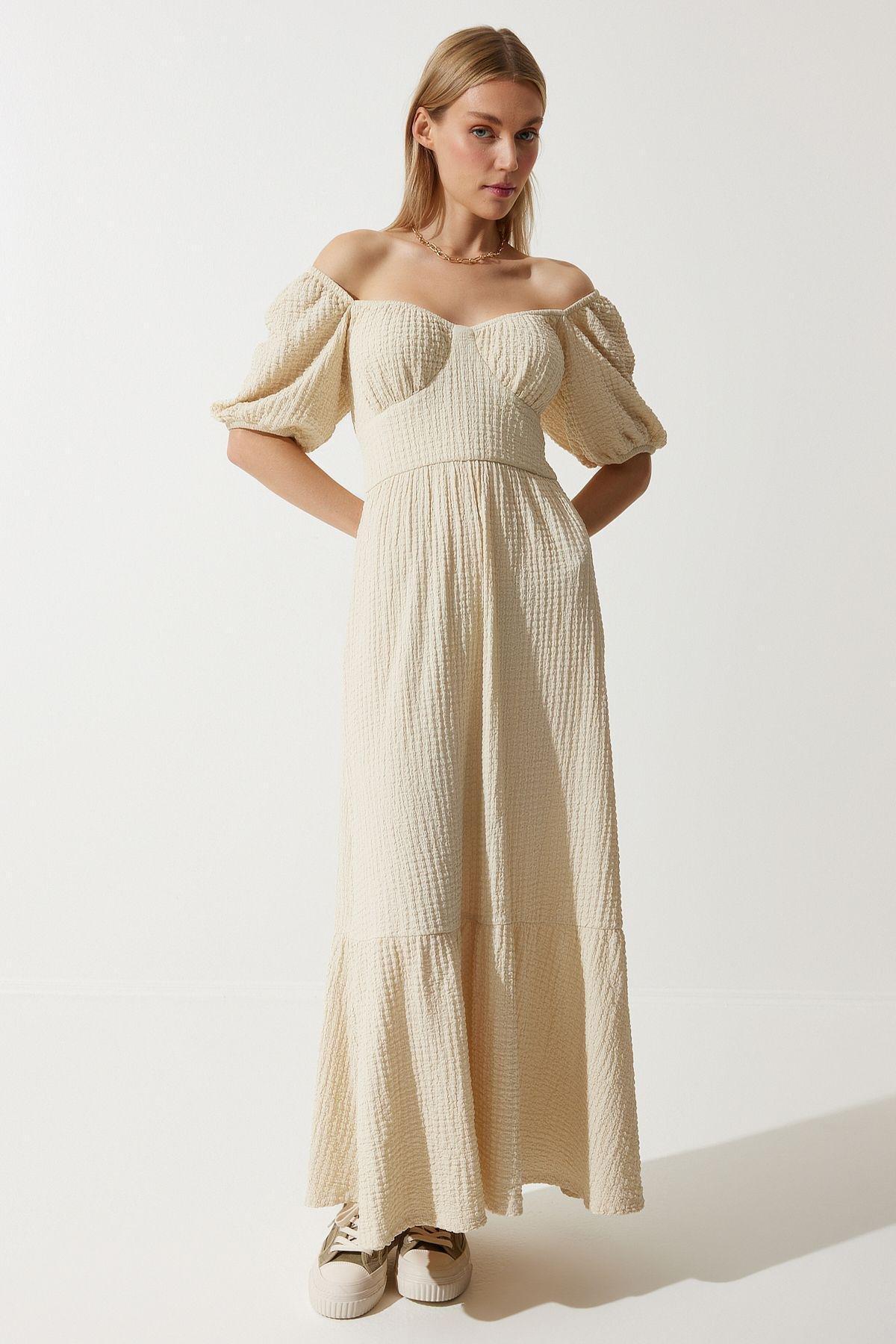 White Textured Milkmaid Maxi Dress, VANILLA, medium