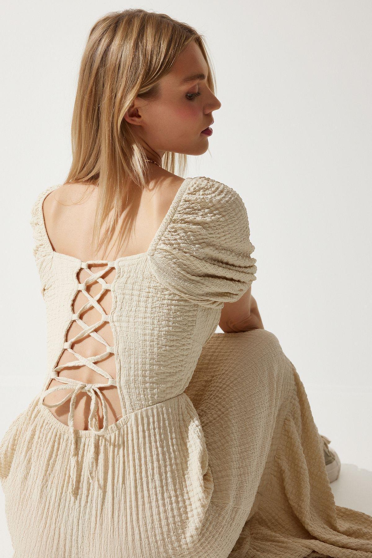 Vanilla Textured Milkmaid Maxi Dress UB00050, , large image number 2