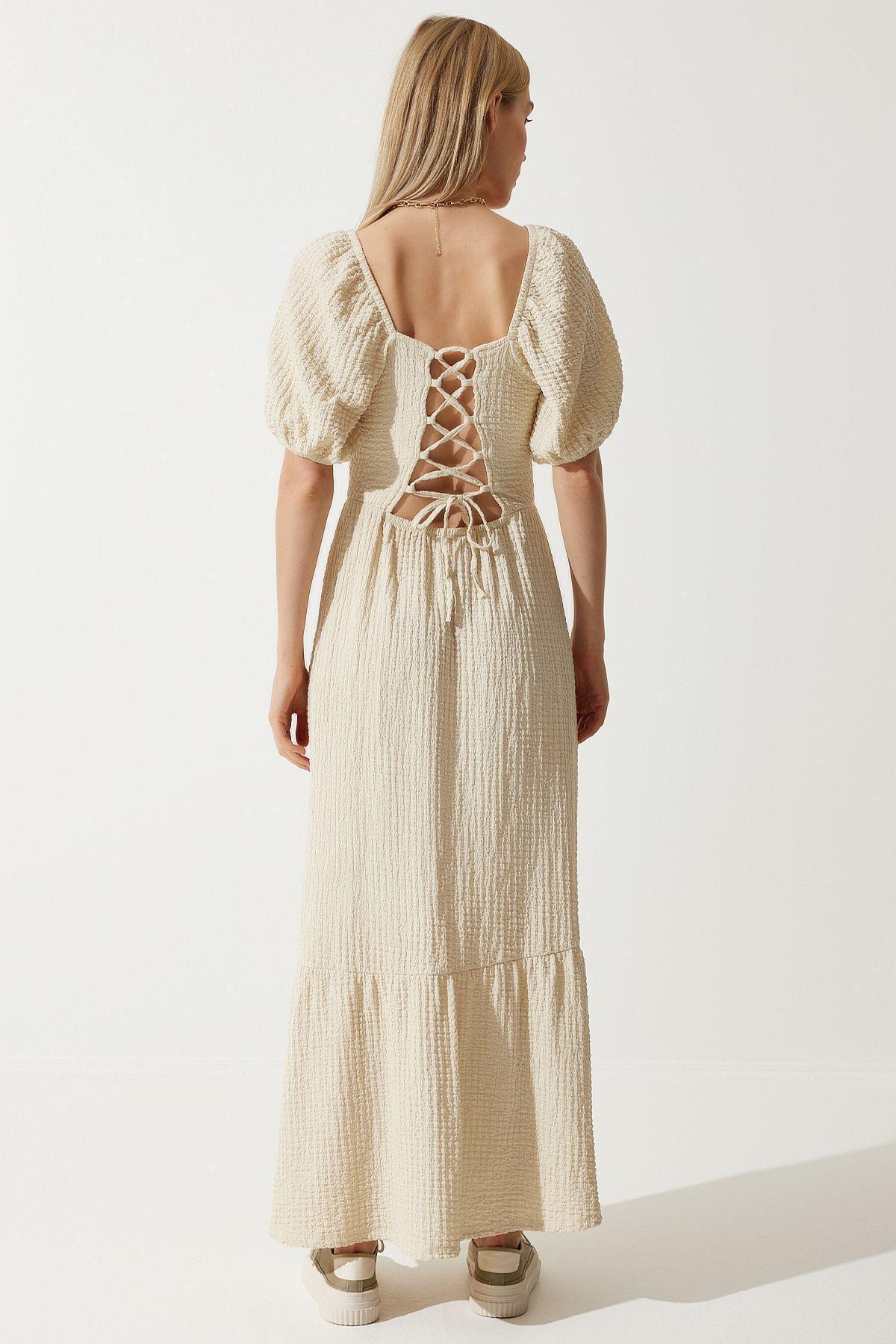 White Textured Milkmaid Maxi Dress, VANILLA, large image number 4