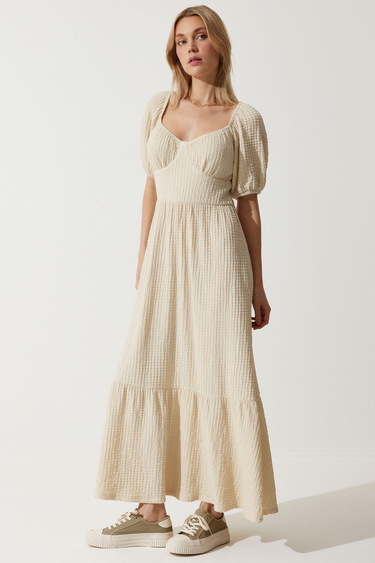 White Textured Milkmaid Maxi Dress, VANILLA, large image number 5