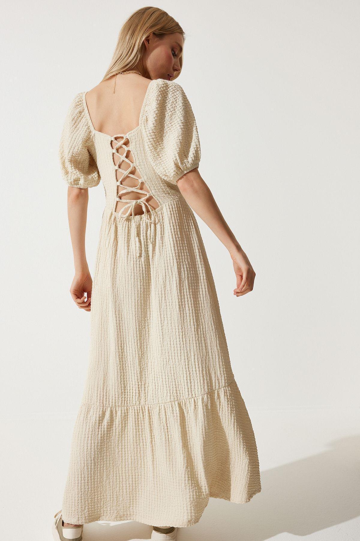 White Textured Milkmaid Maxi Dress, VANILLA, large image number 6