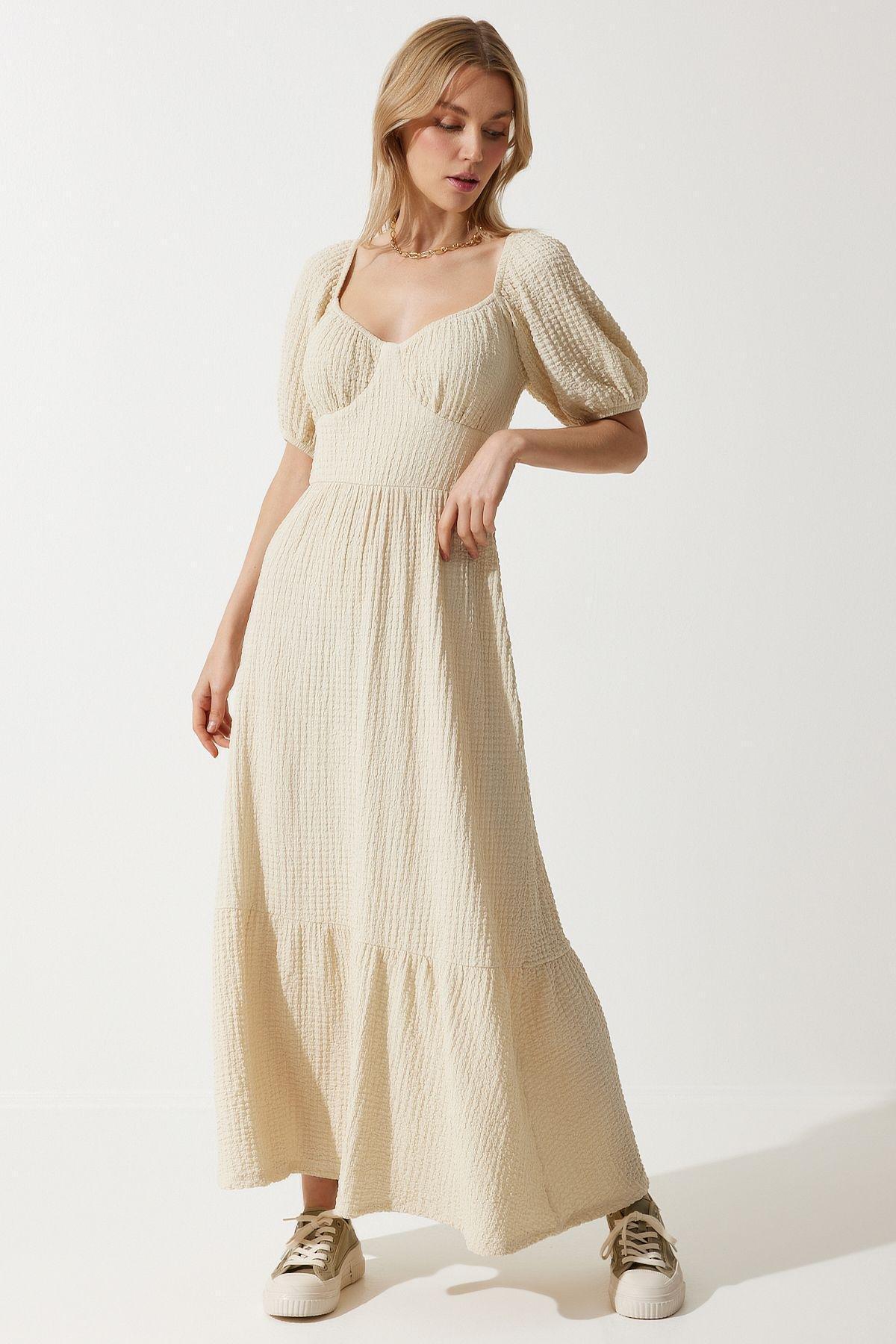 White Textured Milkmaid Maxi Dress, VANILLA, large image number 7