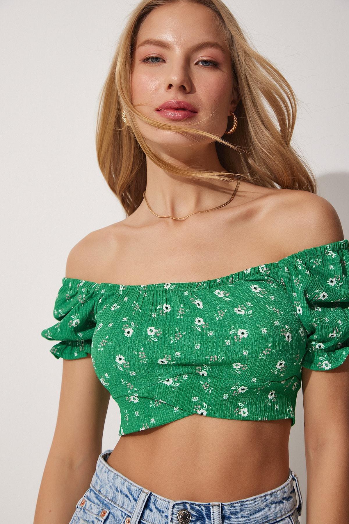 Green Floral Off-Shoulder Crop Top, Green, large image number 0