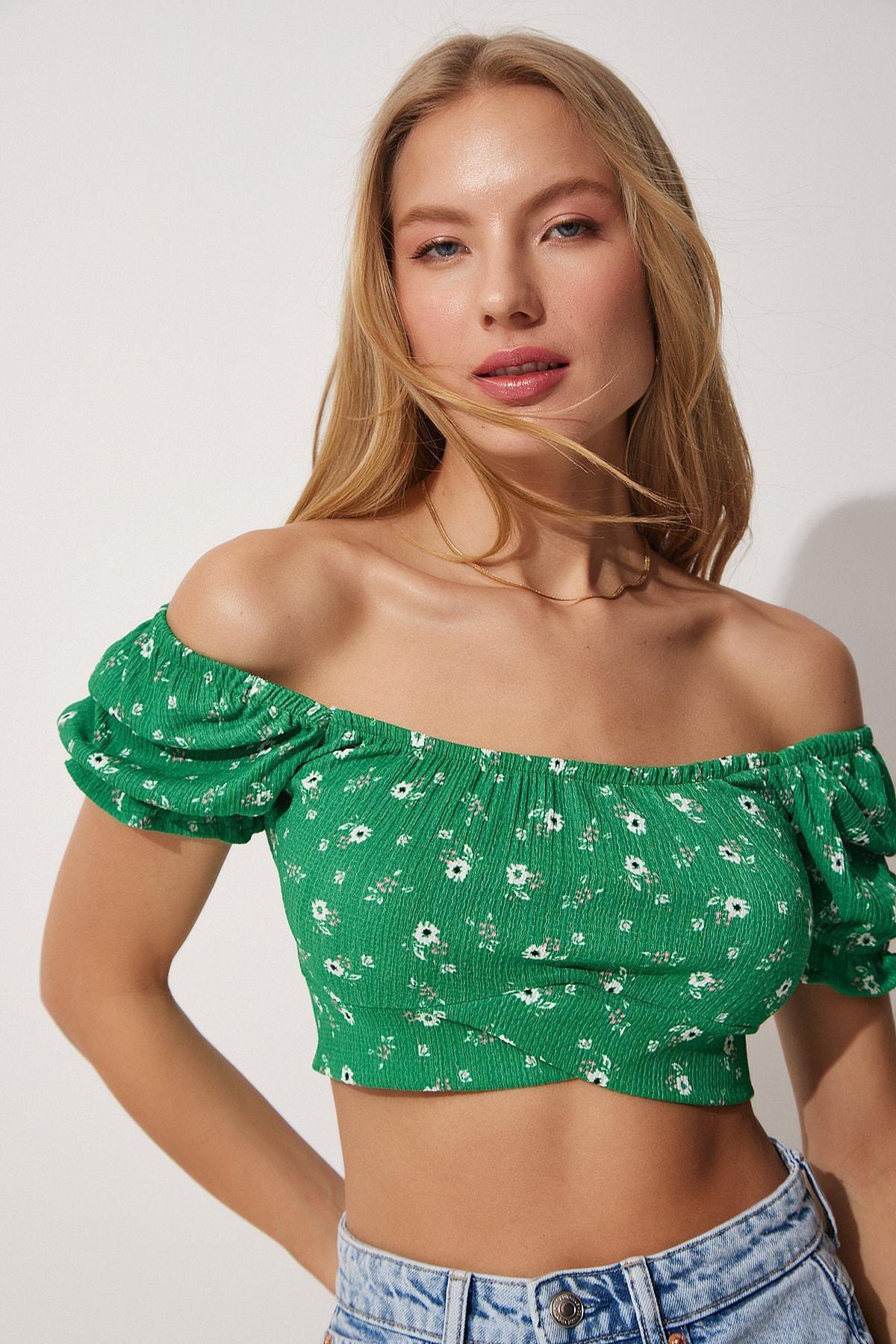 Green Floral Off-Shoulder Crop Top, Green, large image number 1