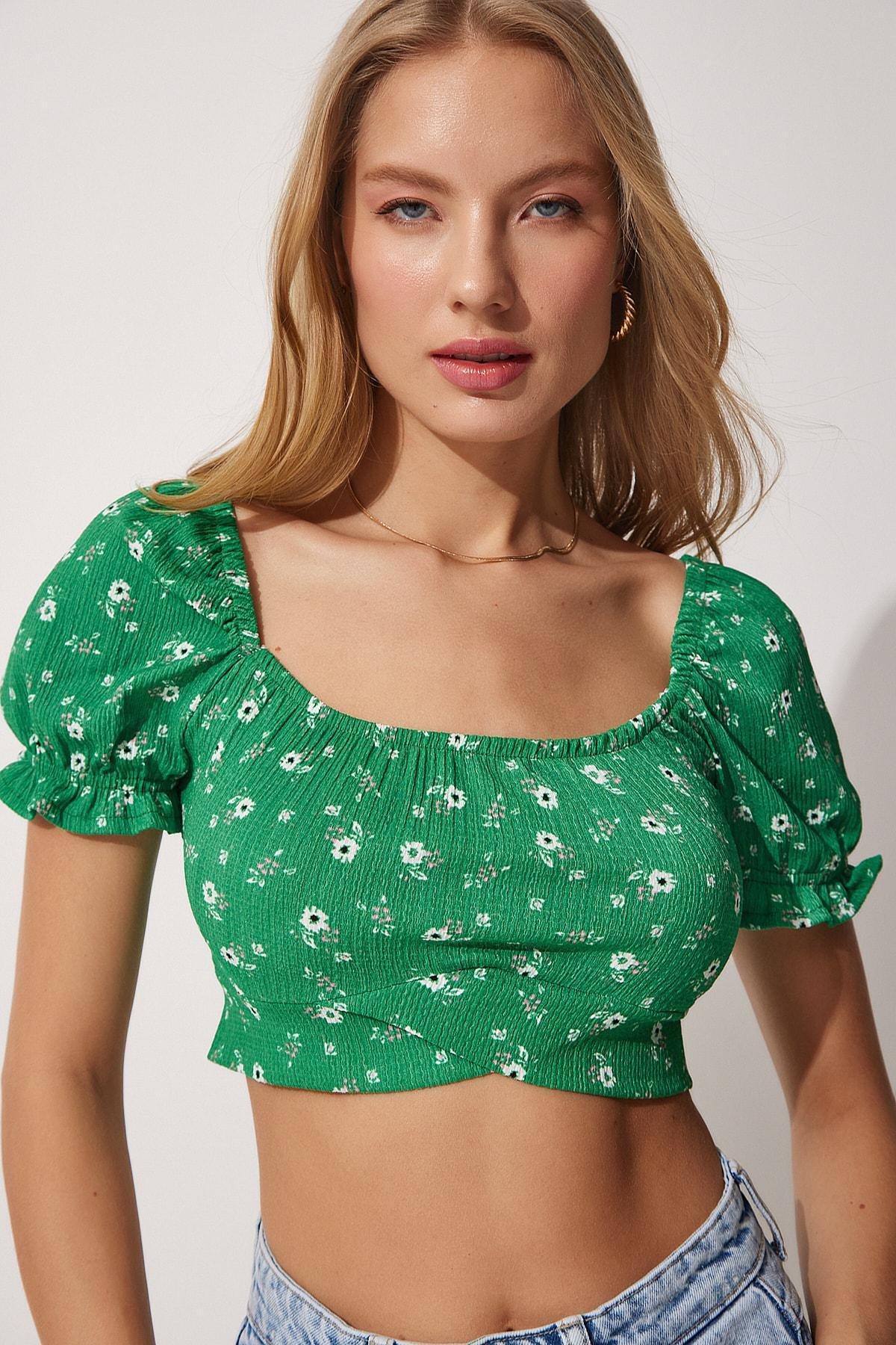 Green Floral Off-Shoulder Crop Top, Green, large image number 2