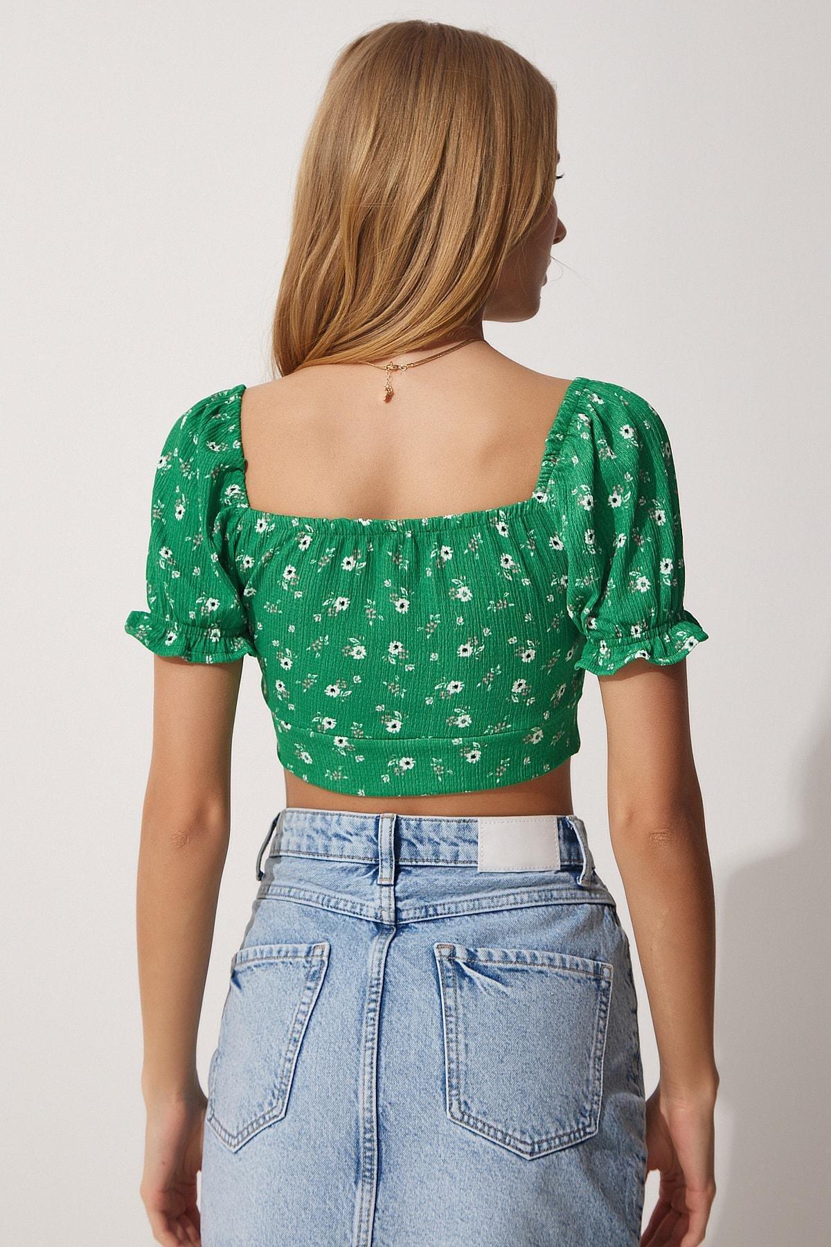 Green Floral Off-Shoulder Crop Top, Green, large image number 3