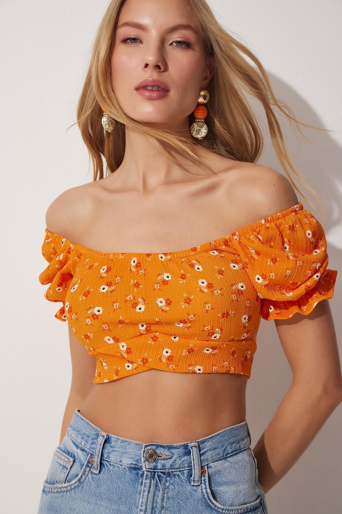 Happiness Istanbul - Orange Floral Off-Shoulder Crop Top