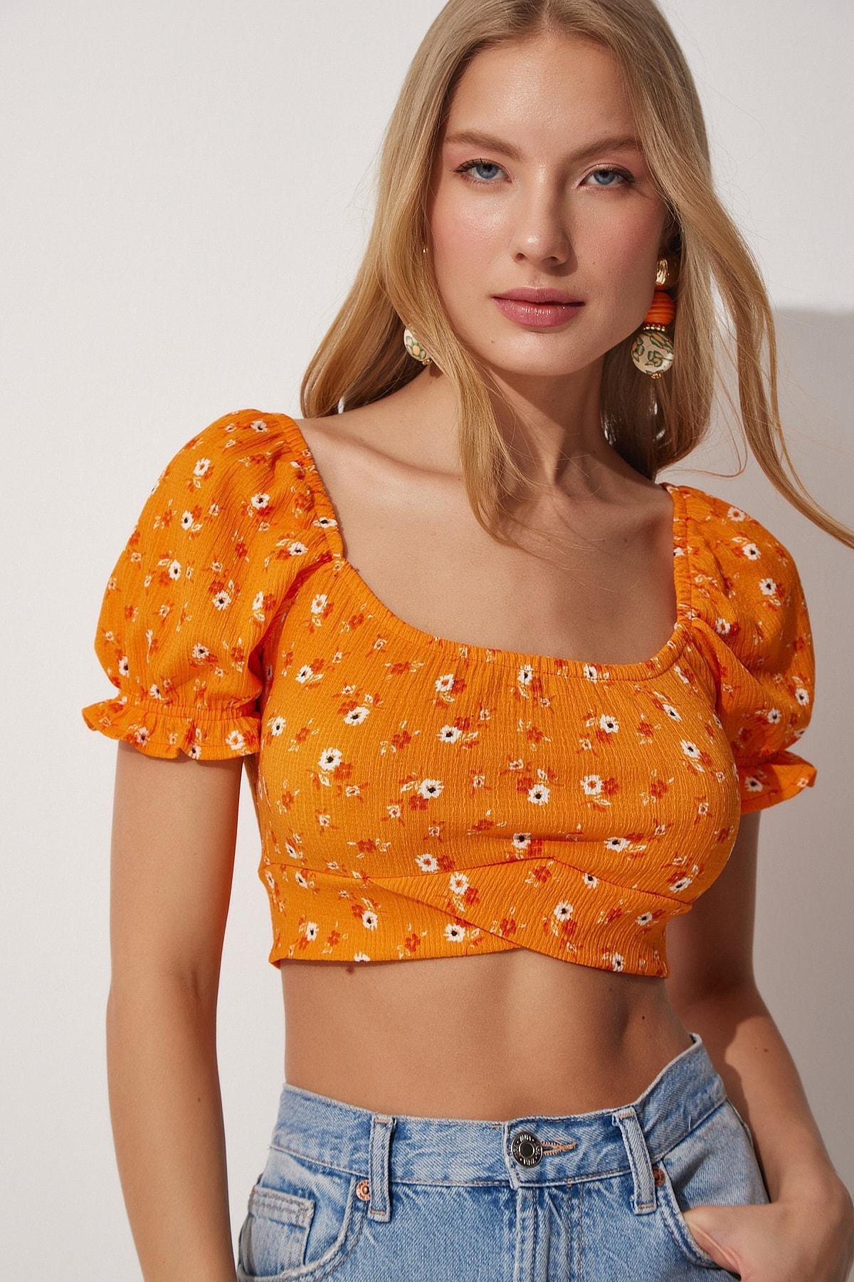 Happiness Istanbul - Orange Floral Off-Shoulder Crop Top