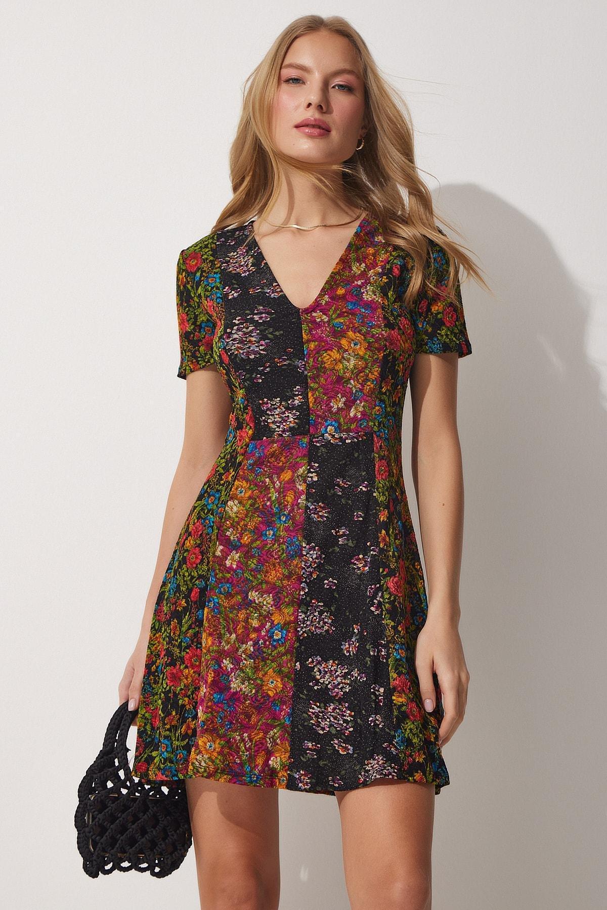 Multicolour Patterned V-Neck Mini Dress, , large image number 0