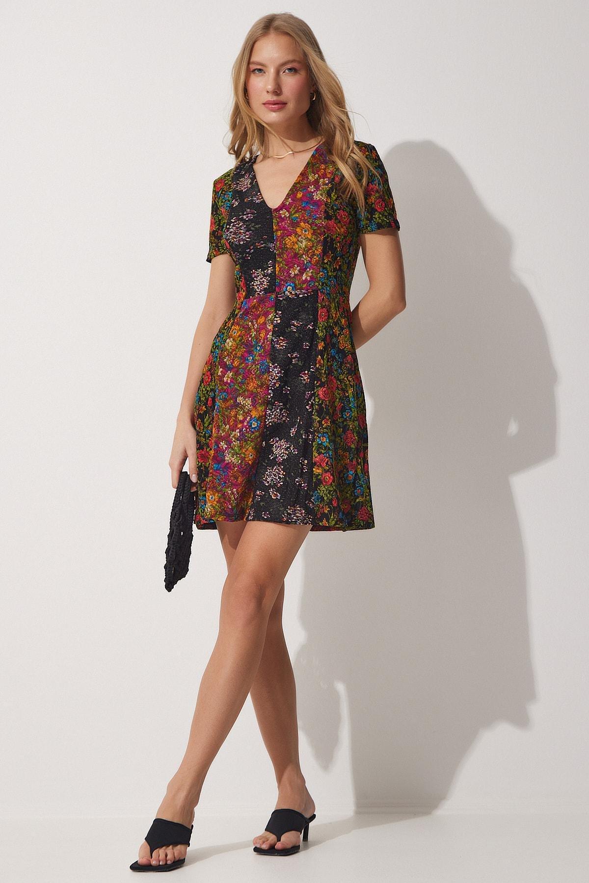 Multicolour Patterned V-Neck Mini Dress, , large image number 1