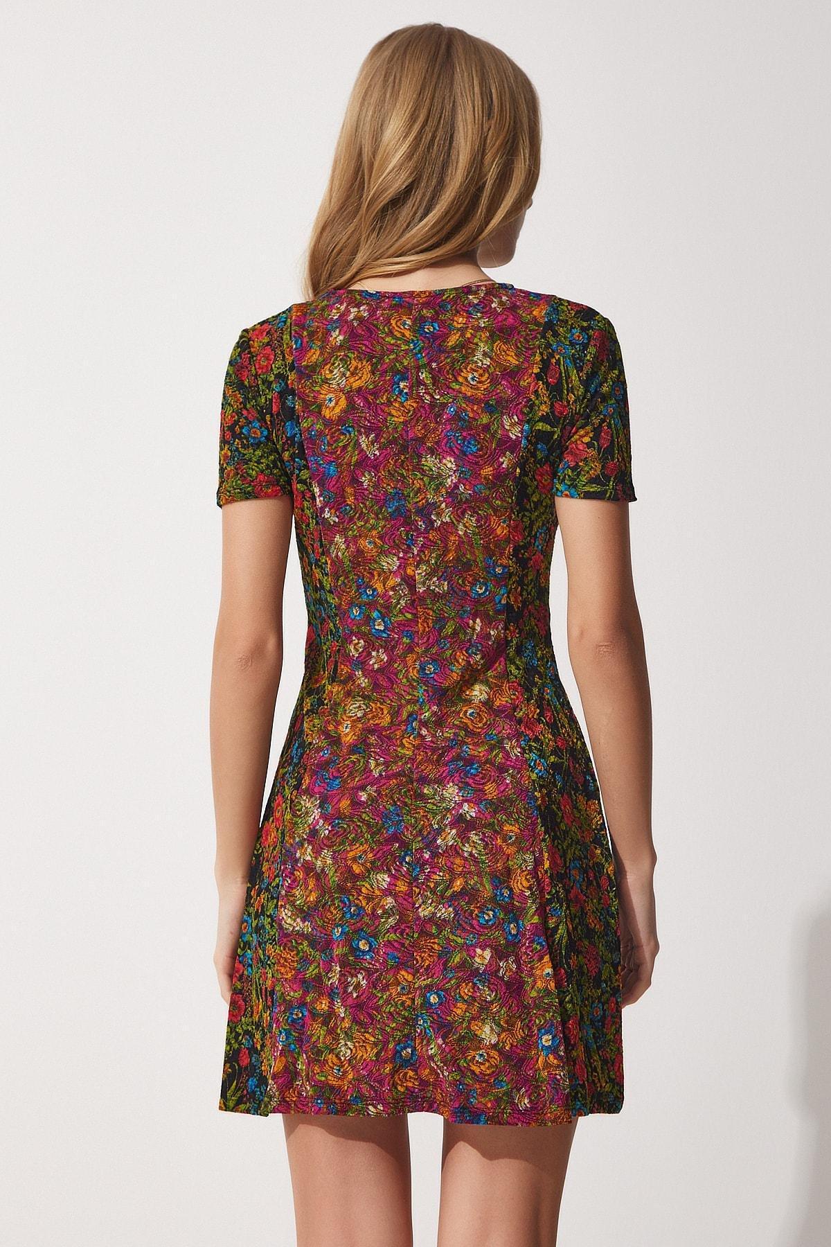 Multicolour Patterned V-Neck Mini Dress, , large image number 3