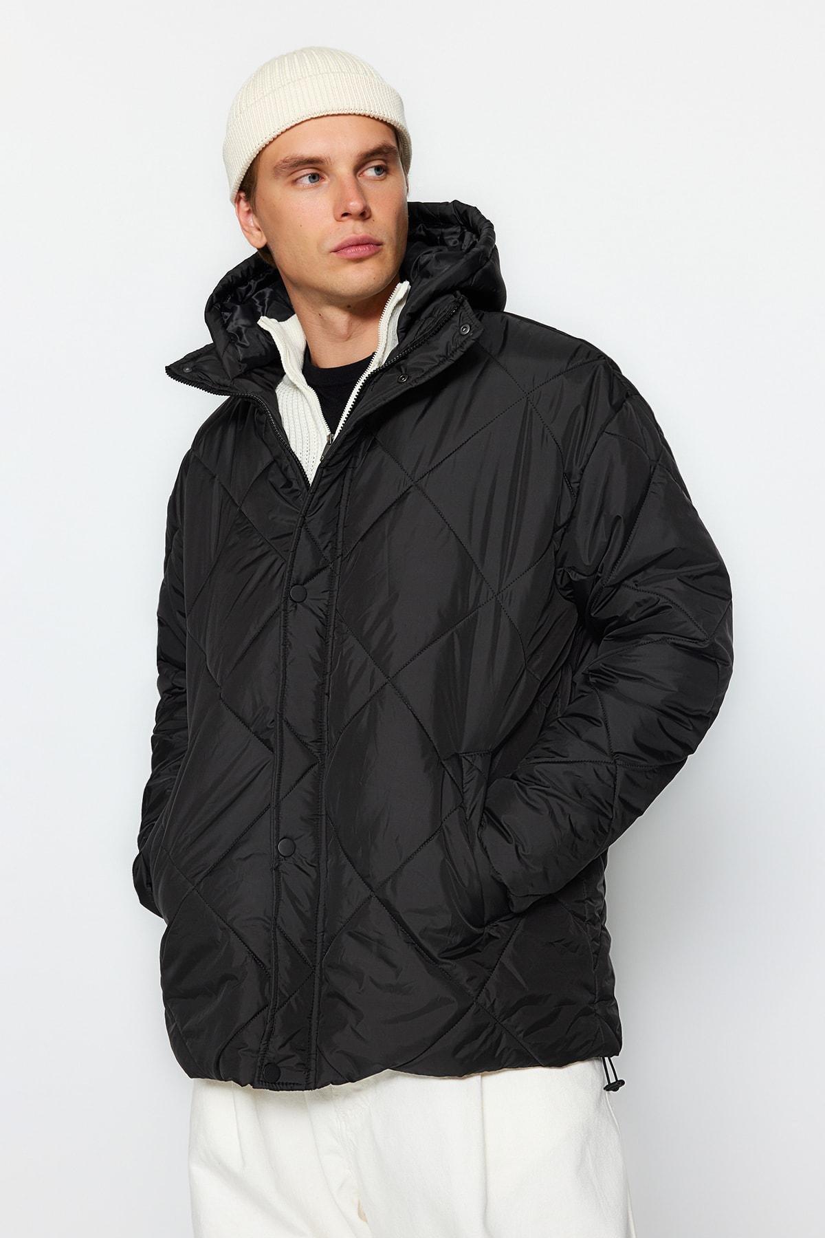 Black Oversized Hooded Lightweight Quilted Coat<br>, , large image number 0