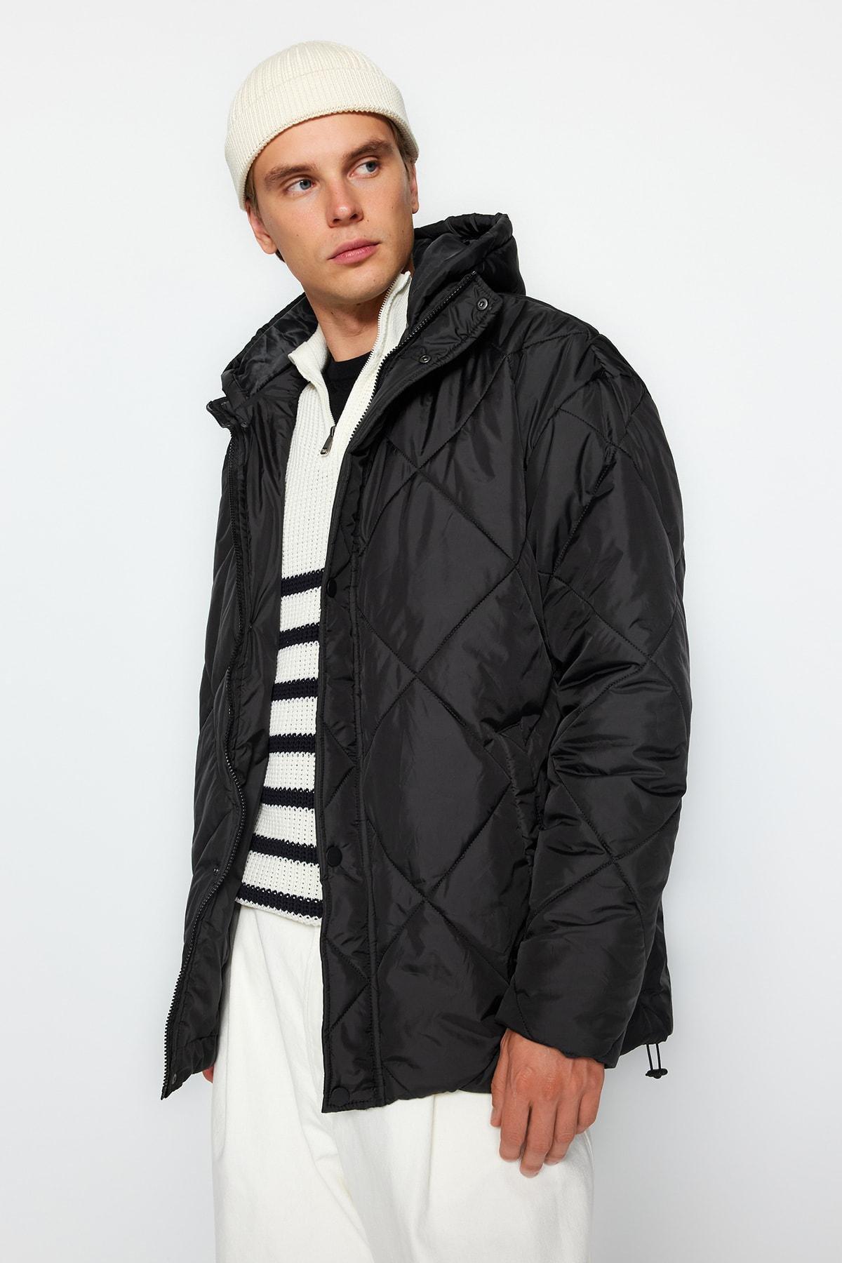 Black Oversized Hooded Lightweight Quilted Coat<br>, , large image number 1
