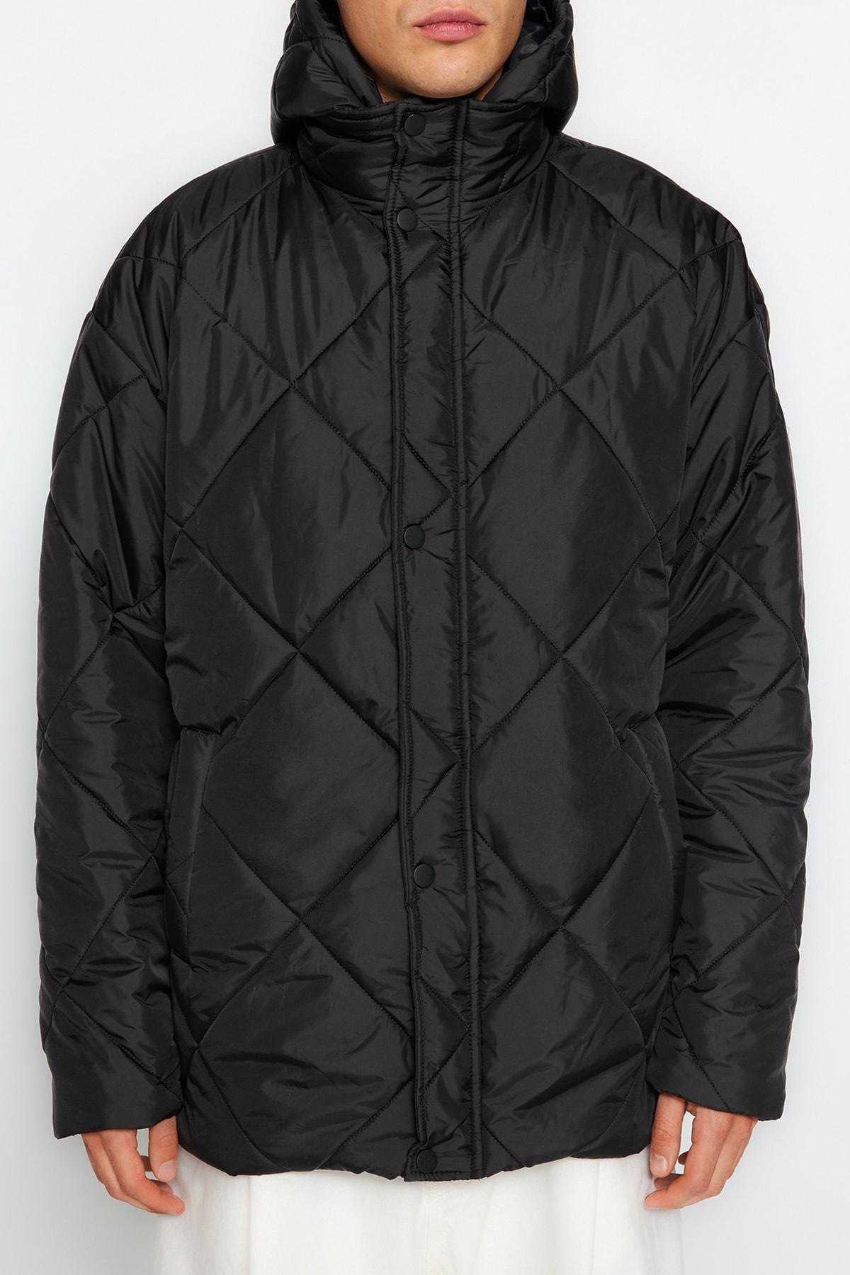 Black Oversized Hooded Lightweight Quilted Coat<br>, , large image number 4