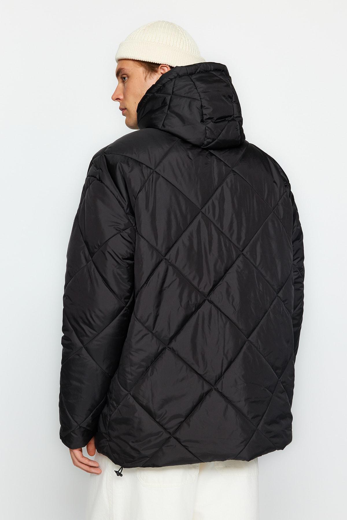 Black Oversized Hooded Lightweight Quilted Coat<br>, , large image number 6