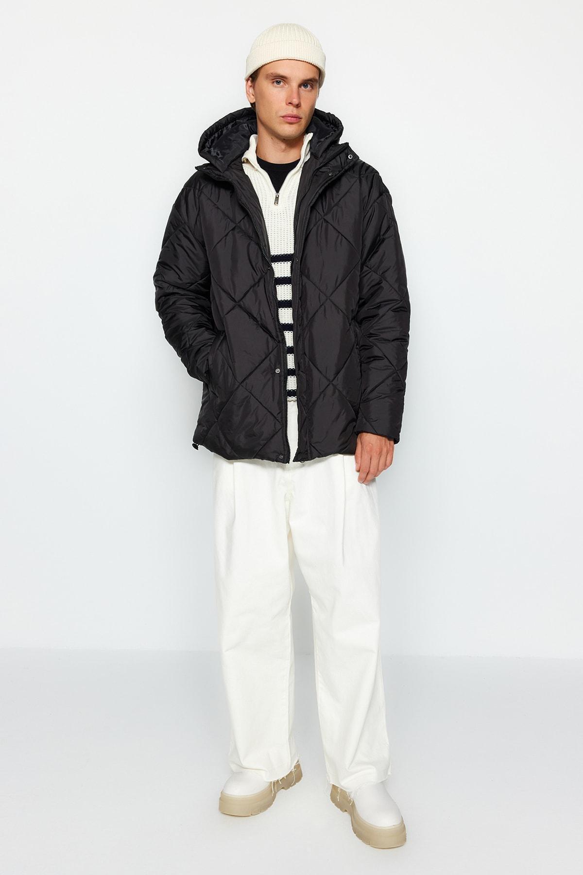 Black Oversized Hooded Lightweight Quilted Coat<br>, , large image number 7