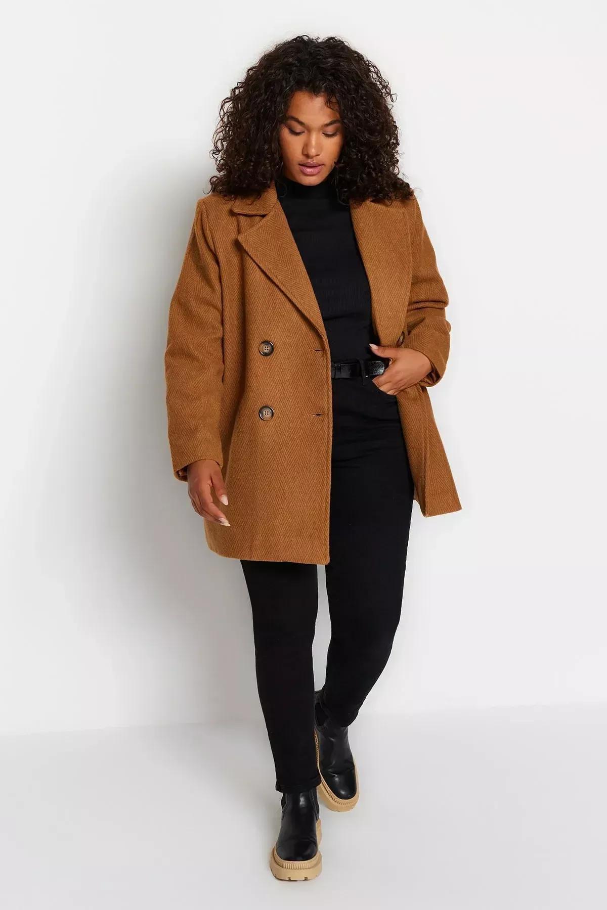 Brown Basic Plus Size Coat, , large image number 0