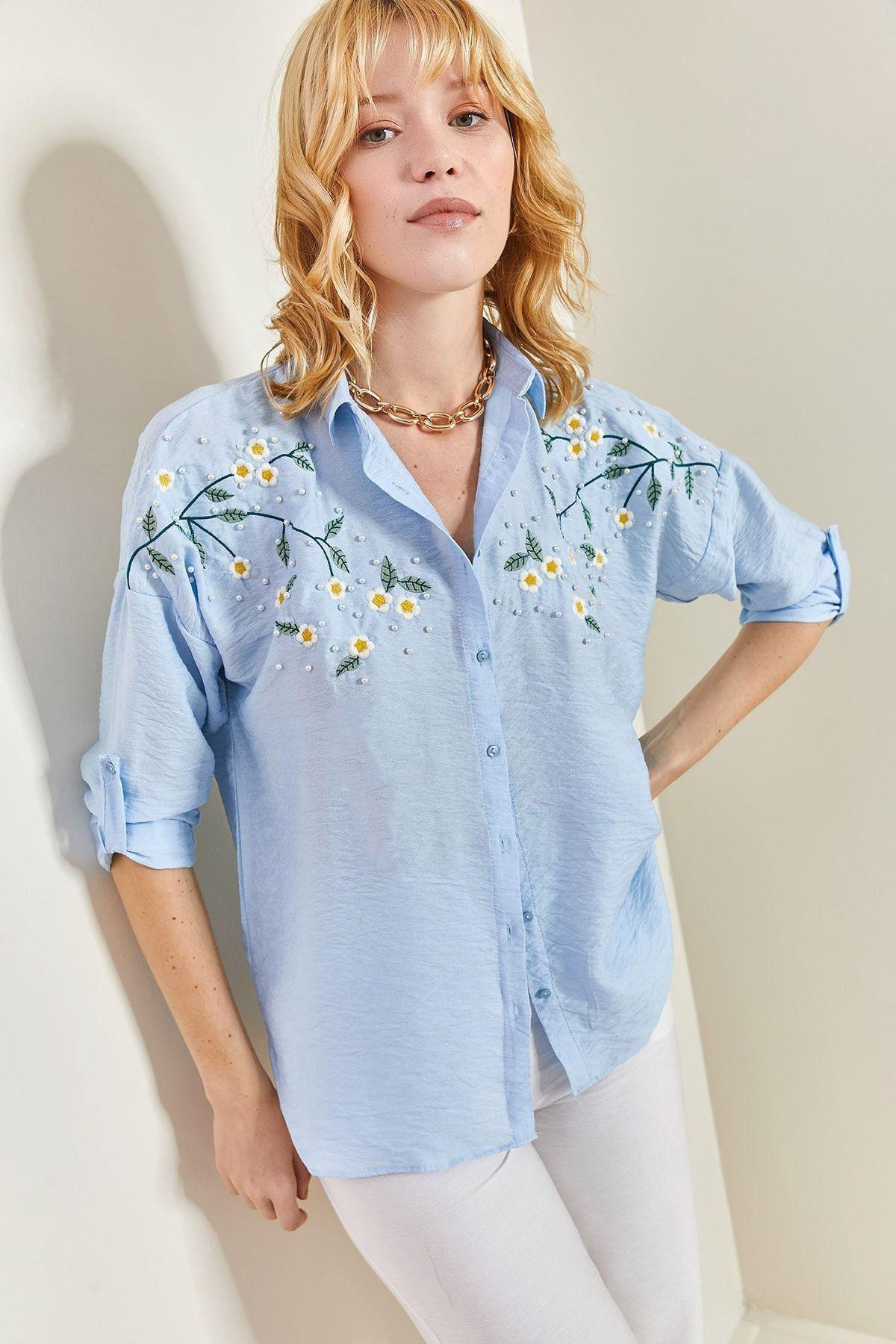 Blue Embroidered Ayrobin Linen Shirt, , large image number 0
