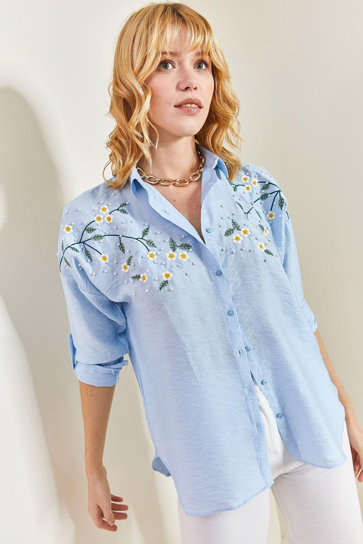 Blue Embroidered Ayrobin Linen Shirt, , large image number 1