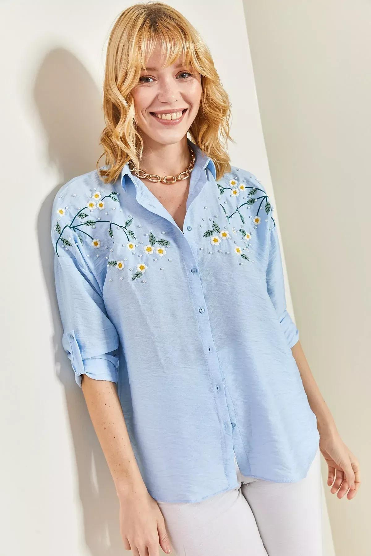 Blue Embroidered Ayrobin Linen Shirt, BABY BLUE, large image number 1