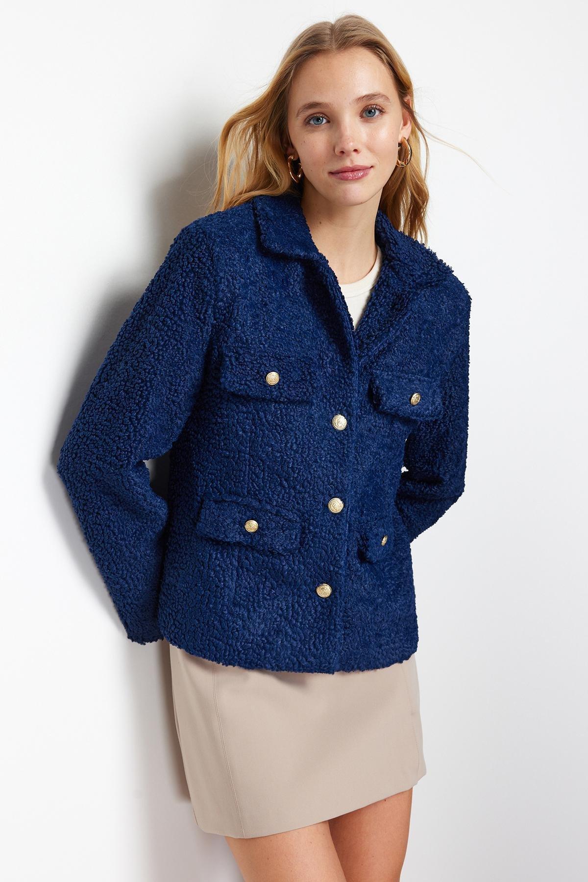 Navy Button Detailed Plush Coat, Navy blue, large image number 0