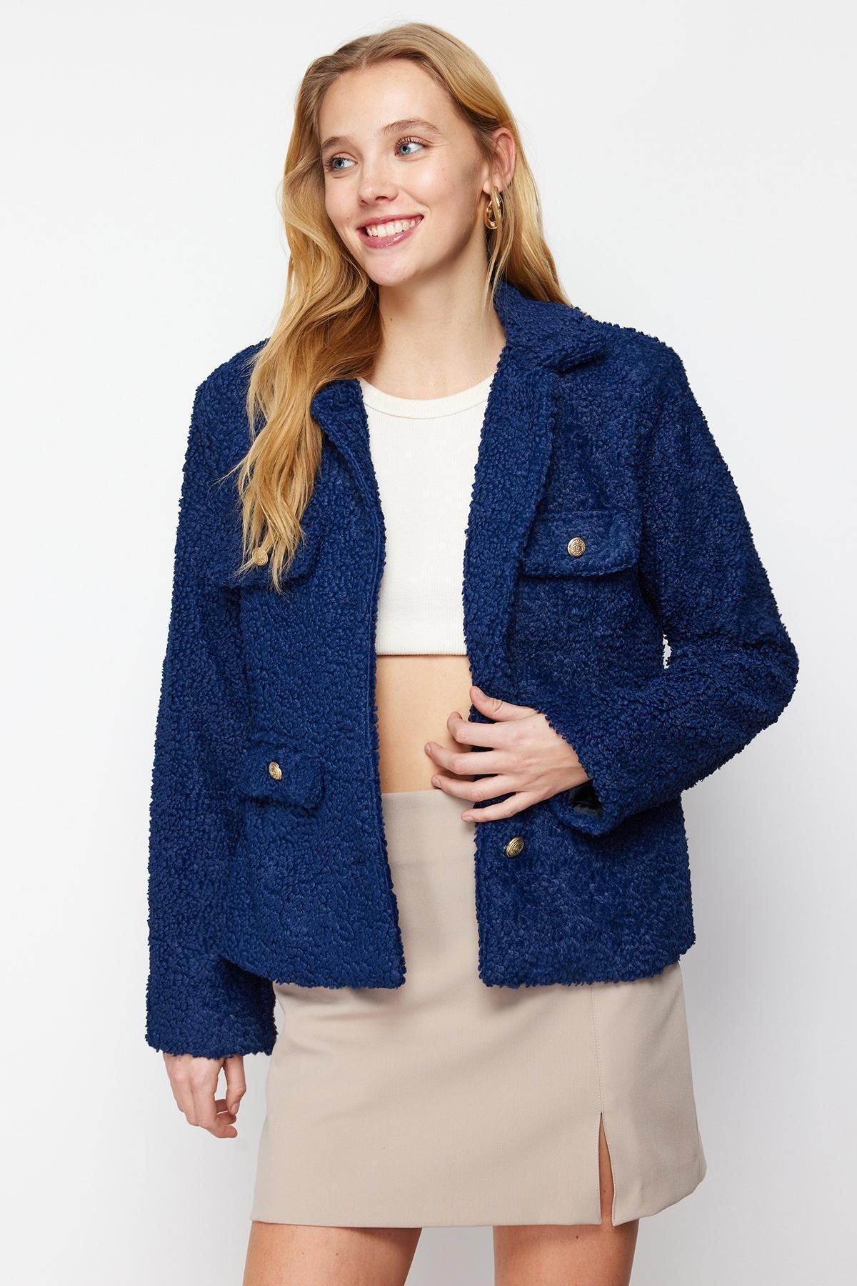 Navy Button Detailed Plush Coat, Navy blue, large image number 1