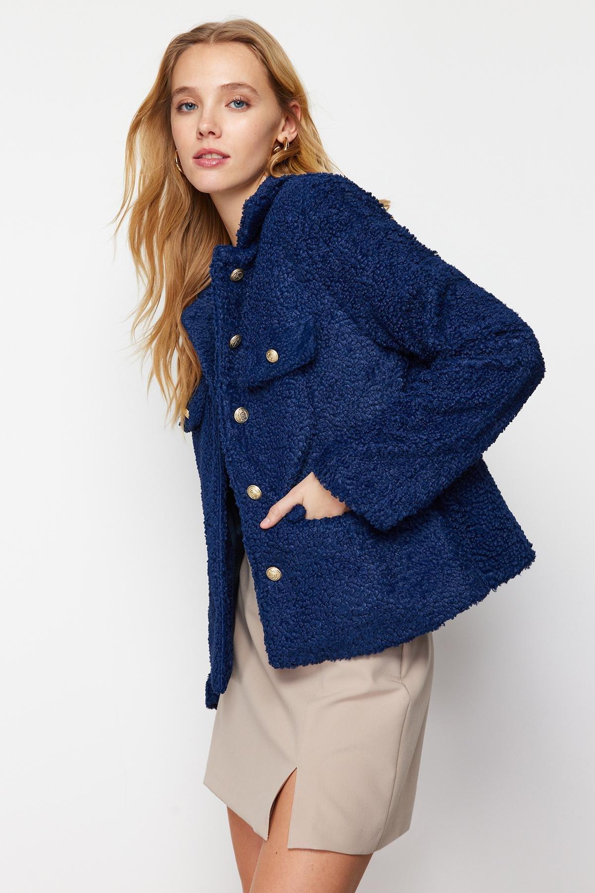 Navy Button Detailed Plush Coat, Navy blue, large image number 2