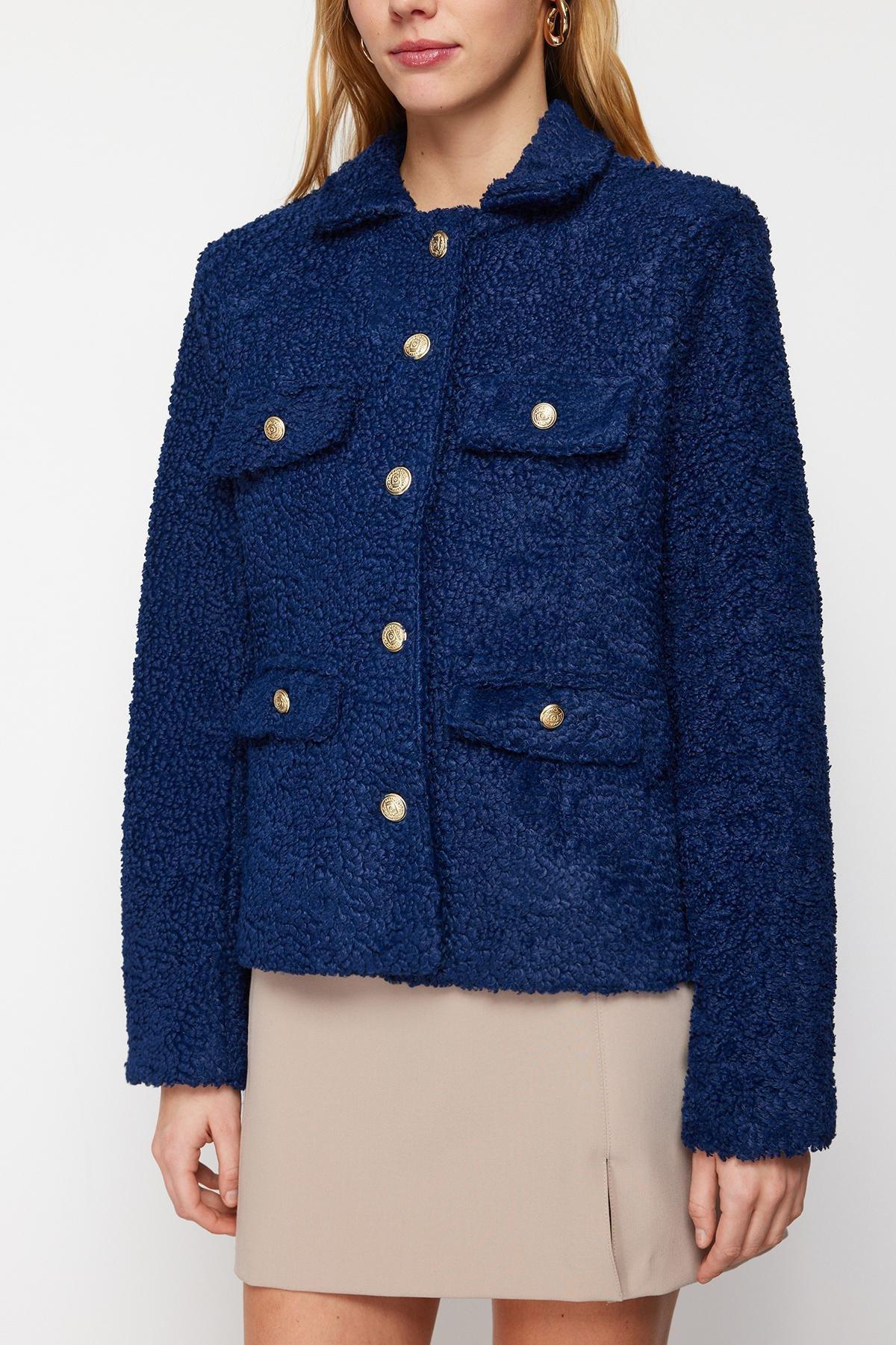 Navy Button Detailed Plush Coat, Navy blue, large image number 3