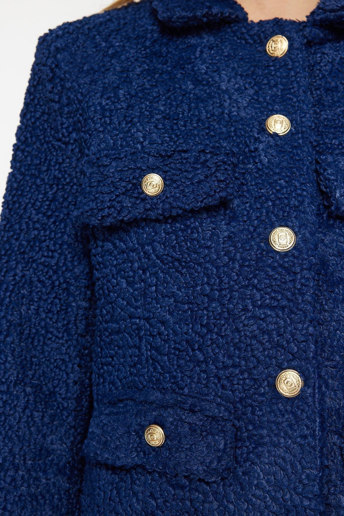 Navy Button Detailed Plush Coat, Navy blue, large image number 4
