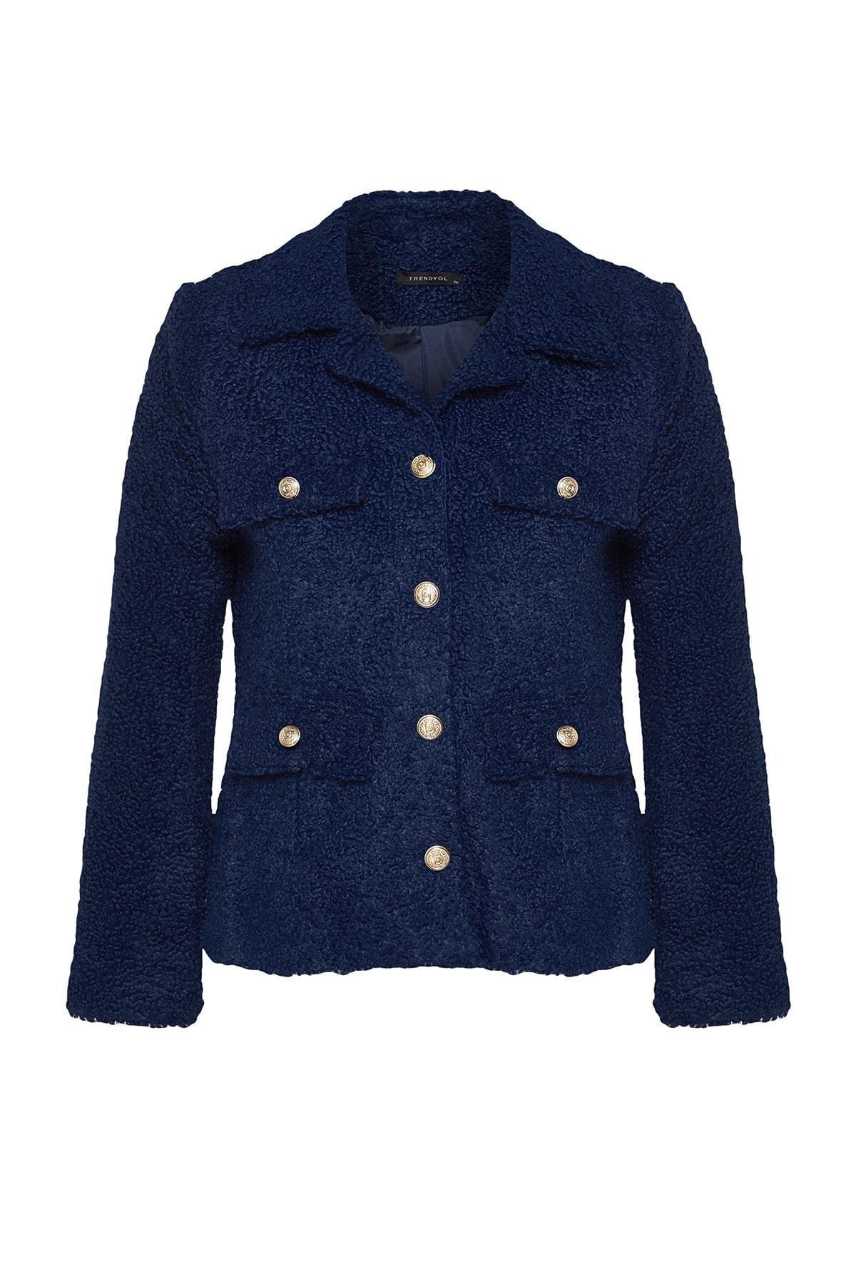 Navy Button Detailed Plush Coat, Navy blue, large image number 5