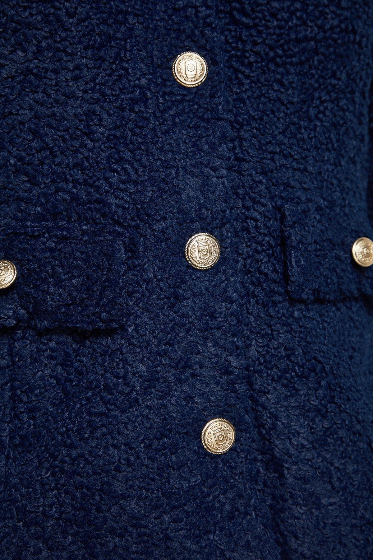 Navy Button Detailed Plush Coat, Navy blue, large image number 6