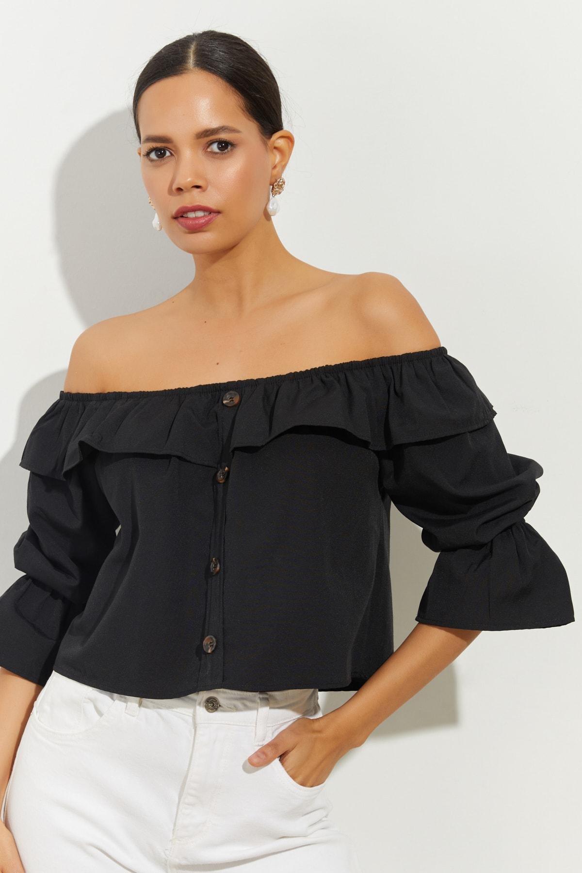 Black Off-Shoulder Crop Top, BLACK, large image number 0