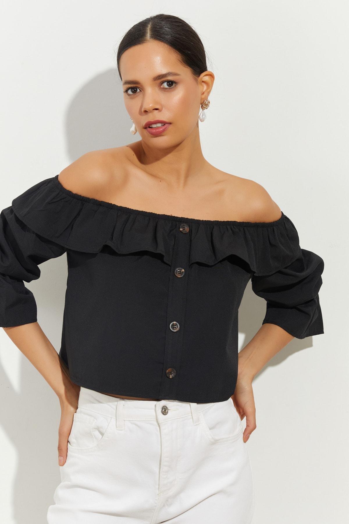 Black Off-Shoulder Crop Top, BLACK, large image number 1