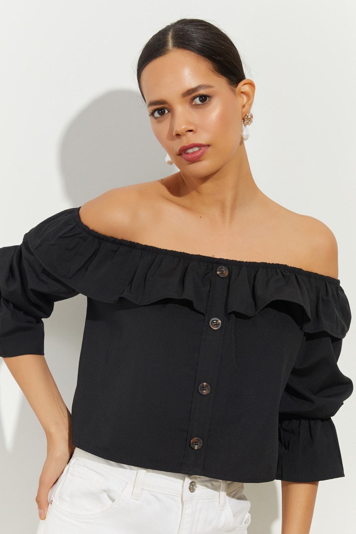 Black Off-Shoulder Crop Top, BLACK, large image number 2