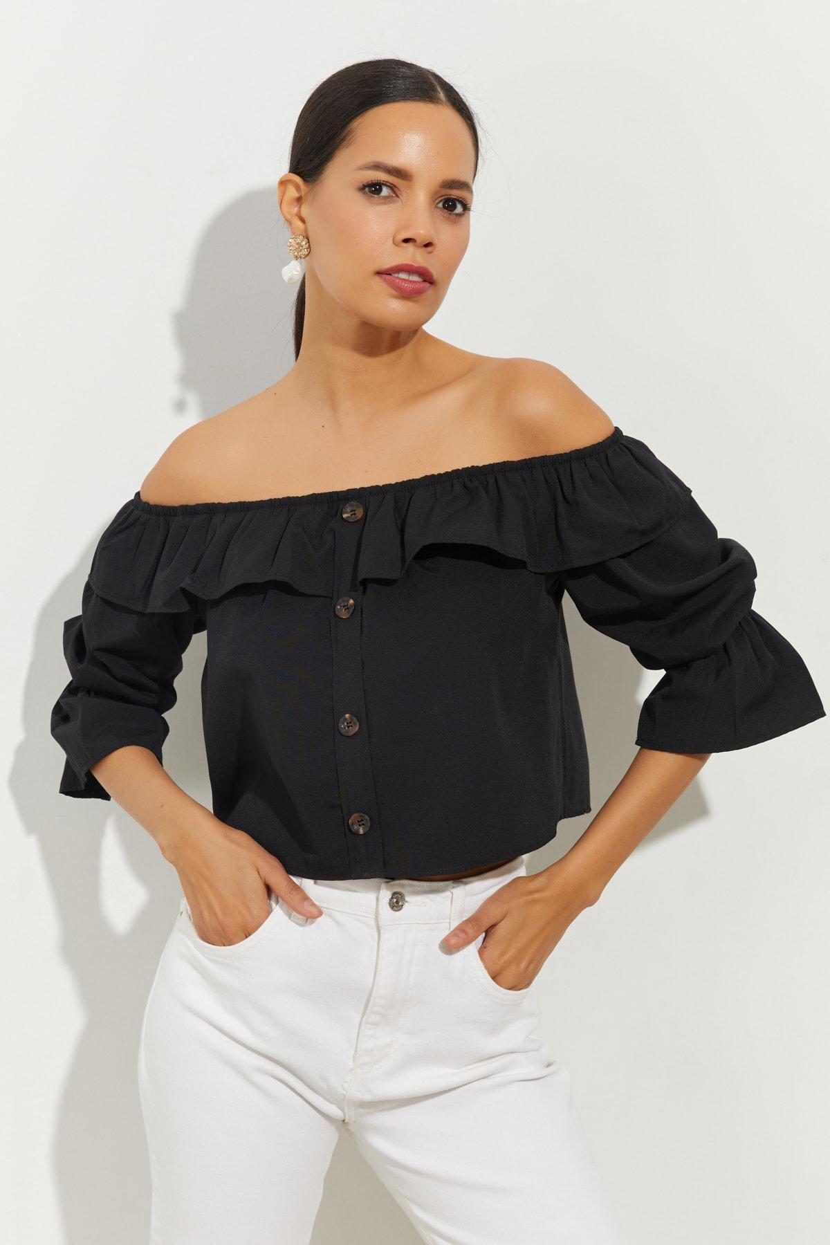 Black Off-Shoulder Crop Top, BLACK, large image number 3