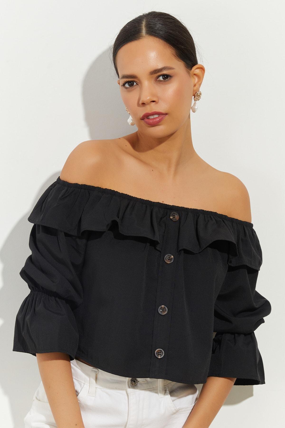 Black Off-Shoulder Crop Top, BLACK, large image number 4