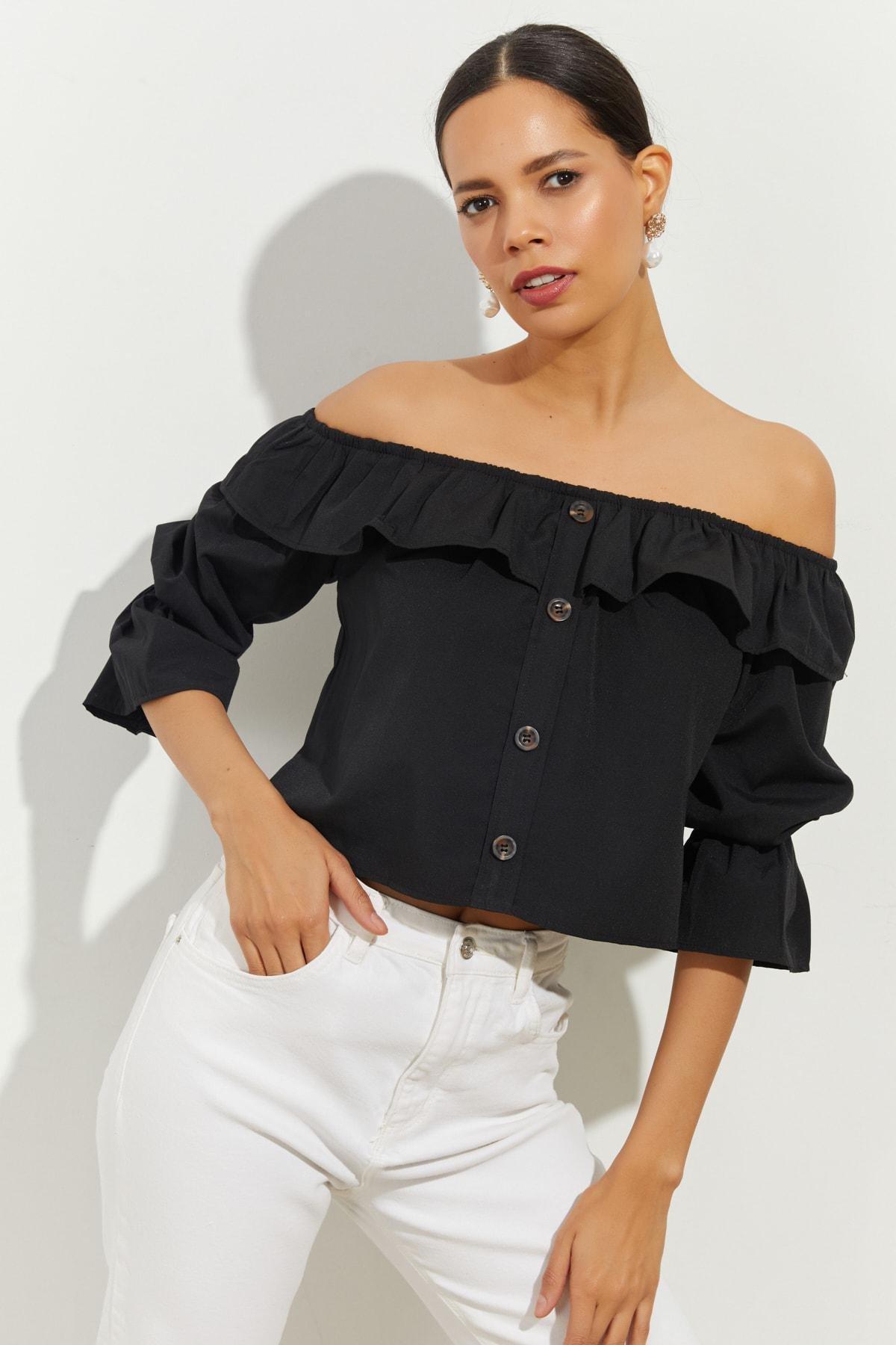 Black Off-Shoulder Crop Top, BLACK, large image number 6