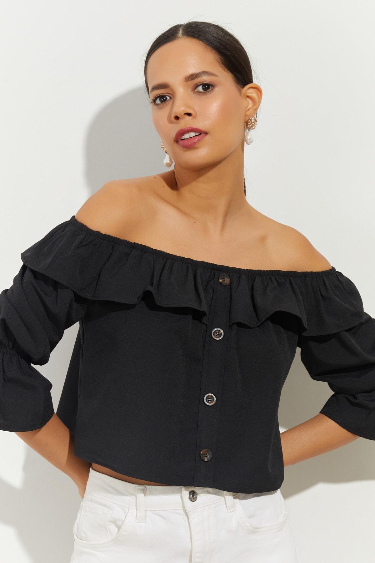Black Off-Shoulder Crop Top, BLACK, large image number 7