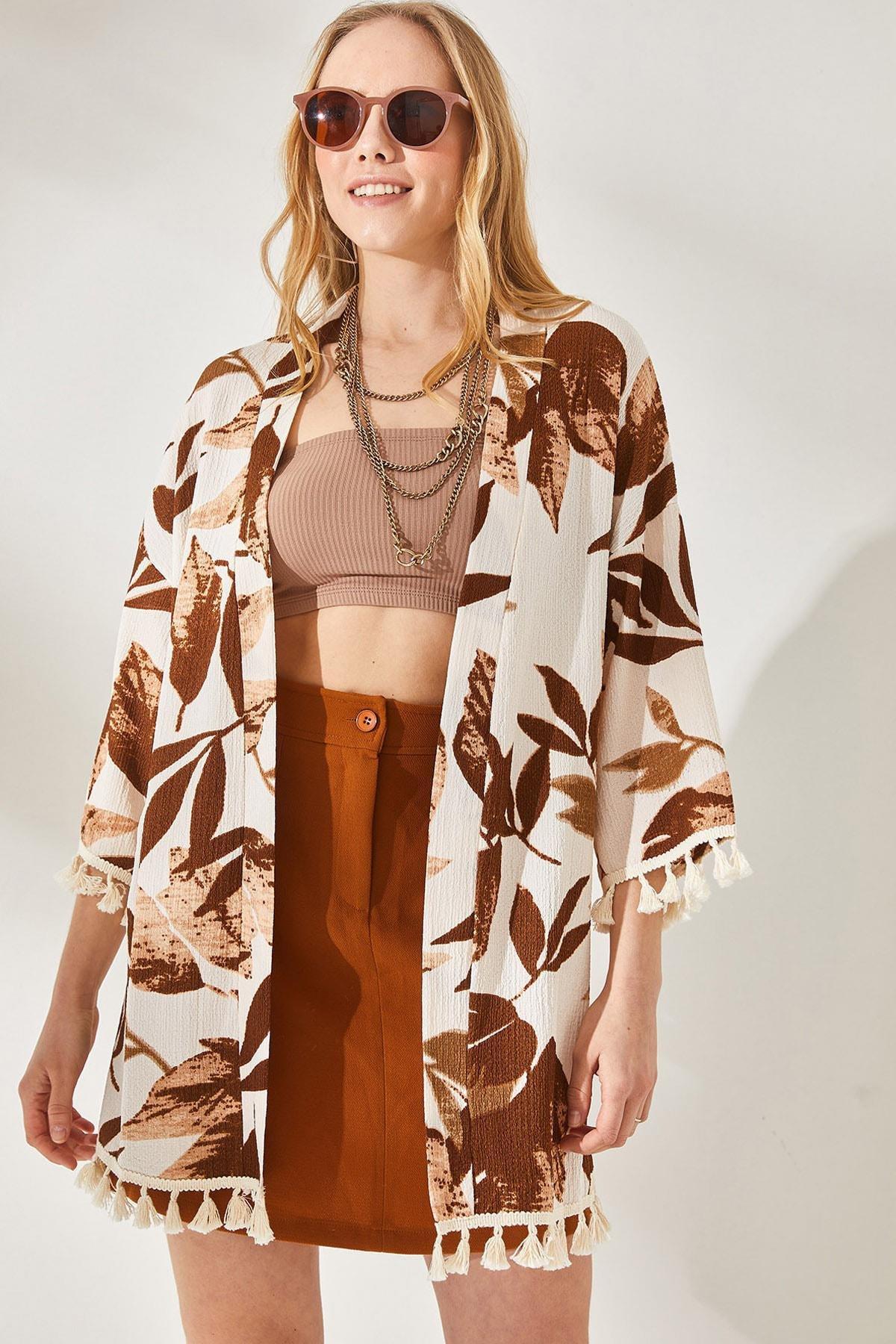 Multicolour Tasselled Loose Knitted Kimono, Stone Brown, medium