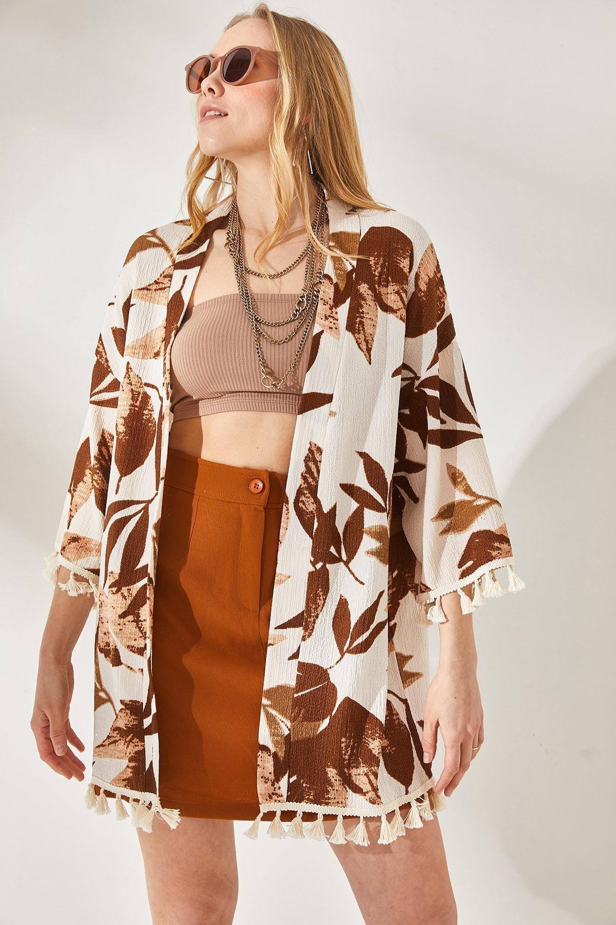 Multicolour Tasselled Loose Knitted Kimono, Stone Brown, medium