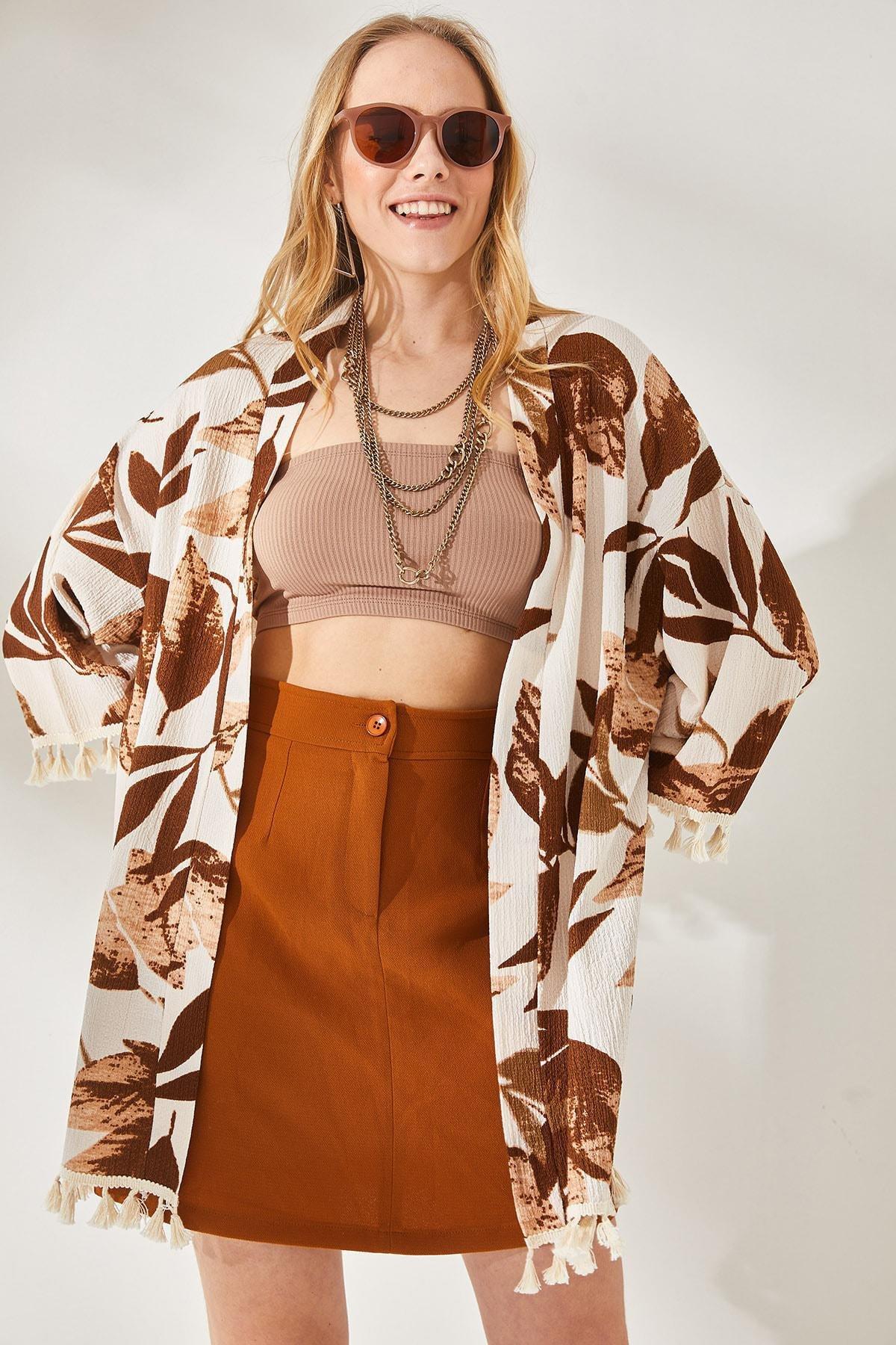 Multicolour Tasselled Loose Knitted Kimono, Stone Brown, medium