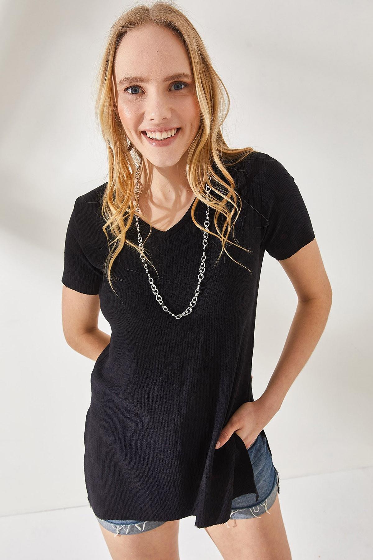 Black V-Neck With Side Slits T-Shirt, , large image number 0