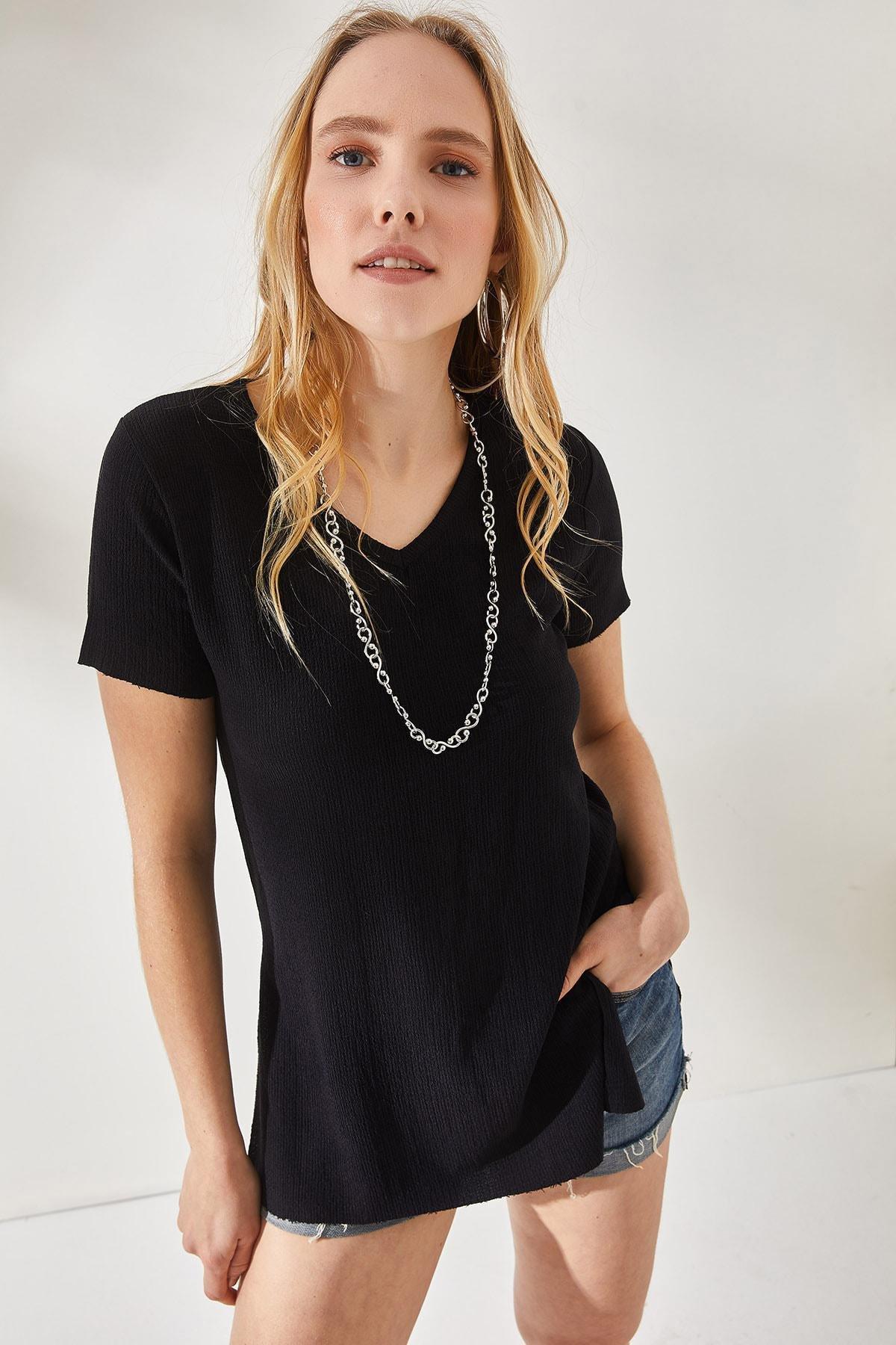Black V-Neck With Side Slits T-Shirt, , large image number 1