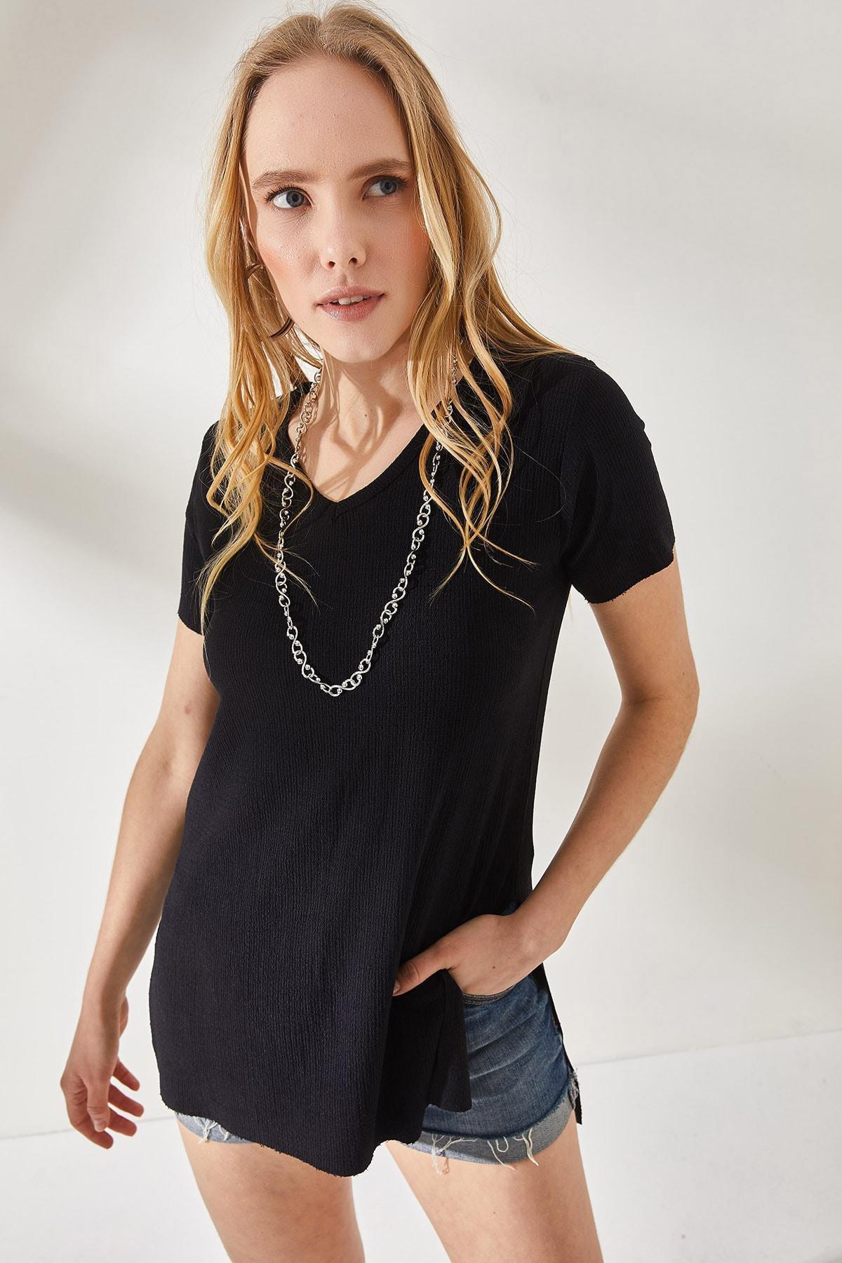 Black V-Neck With Side Slits T-Shirt, , large image number 2