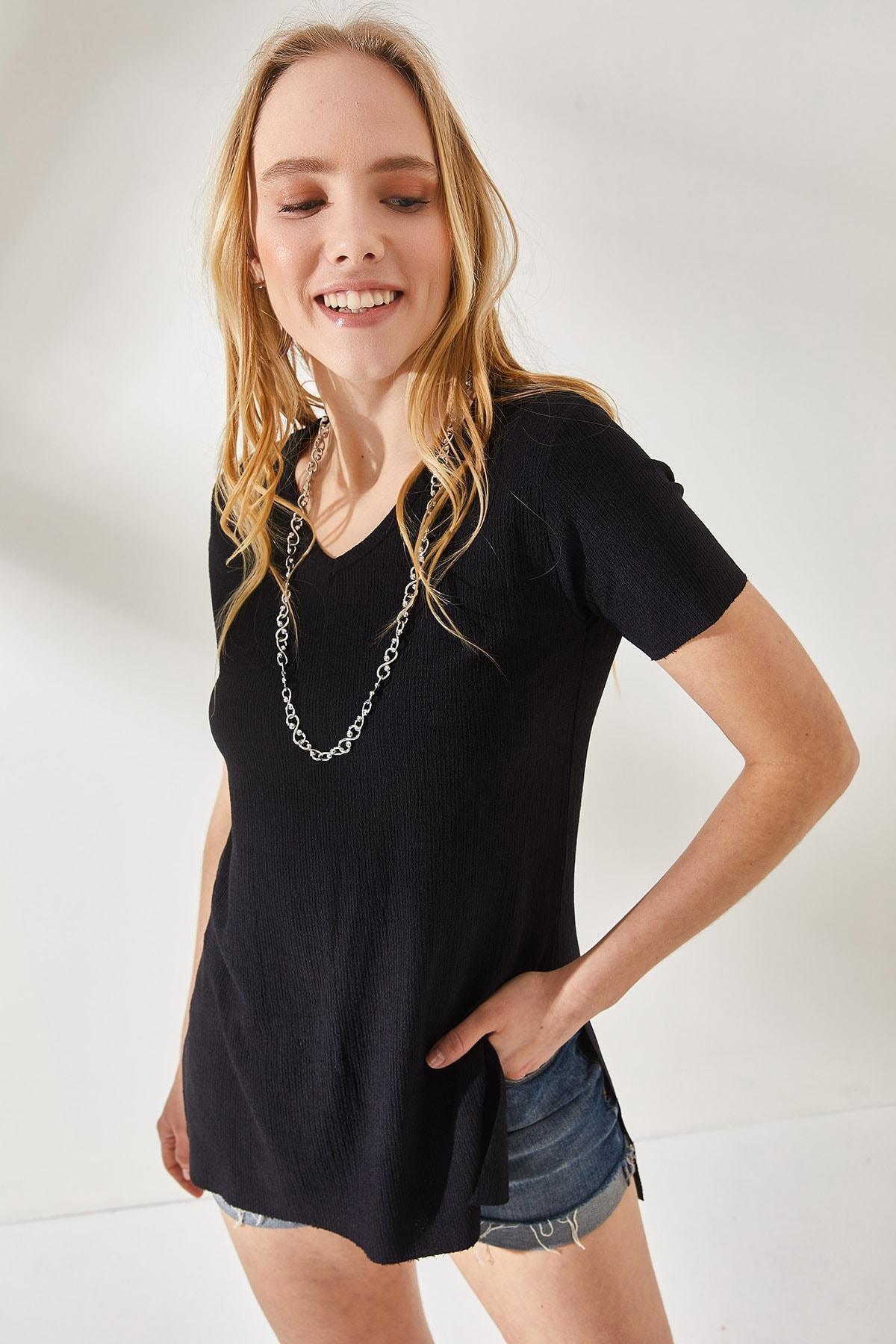Black V-Neck With Side Slits T-Shirt, , large image number 3