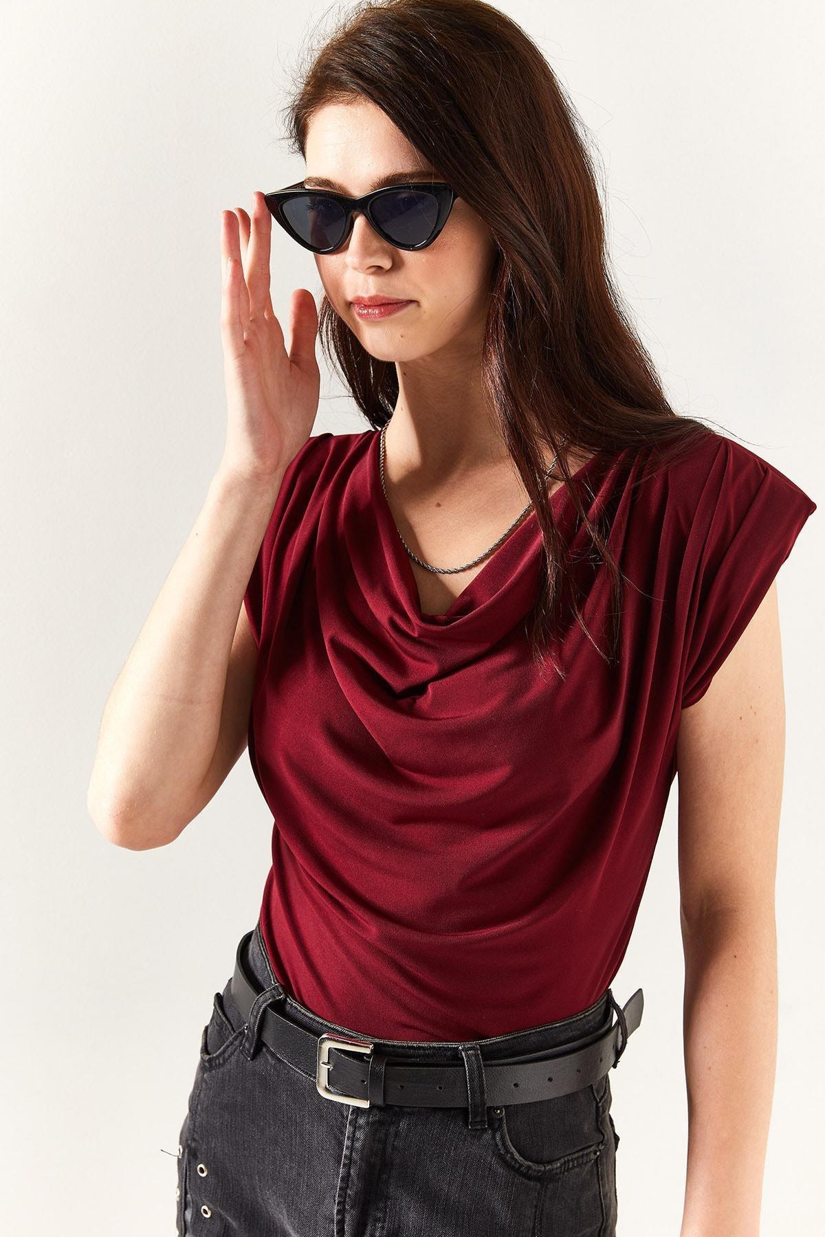 بلوزة انسيابية بفتحة رقبة متدلية، أحمر, Burgundy, large image number 1