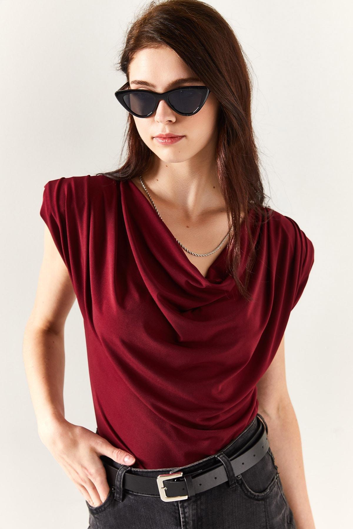 بلوزة انسيابية بفتحة رقبة متدلية، أحمر, Burgundy, large image number 3